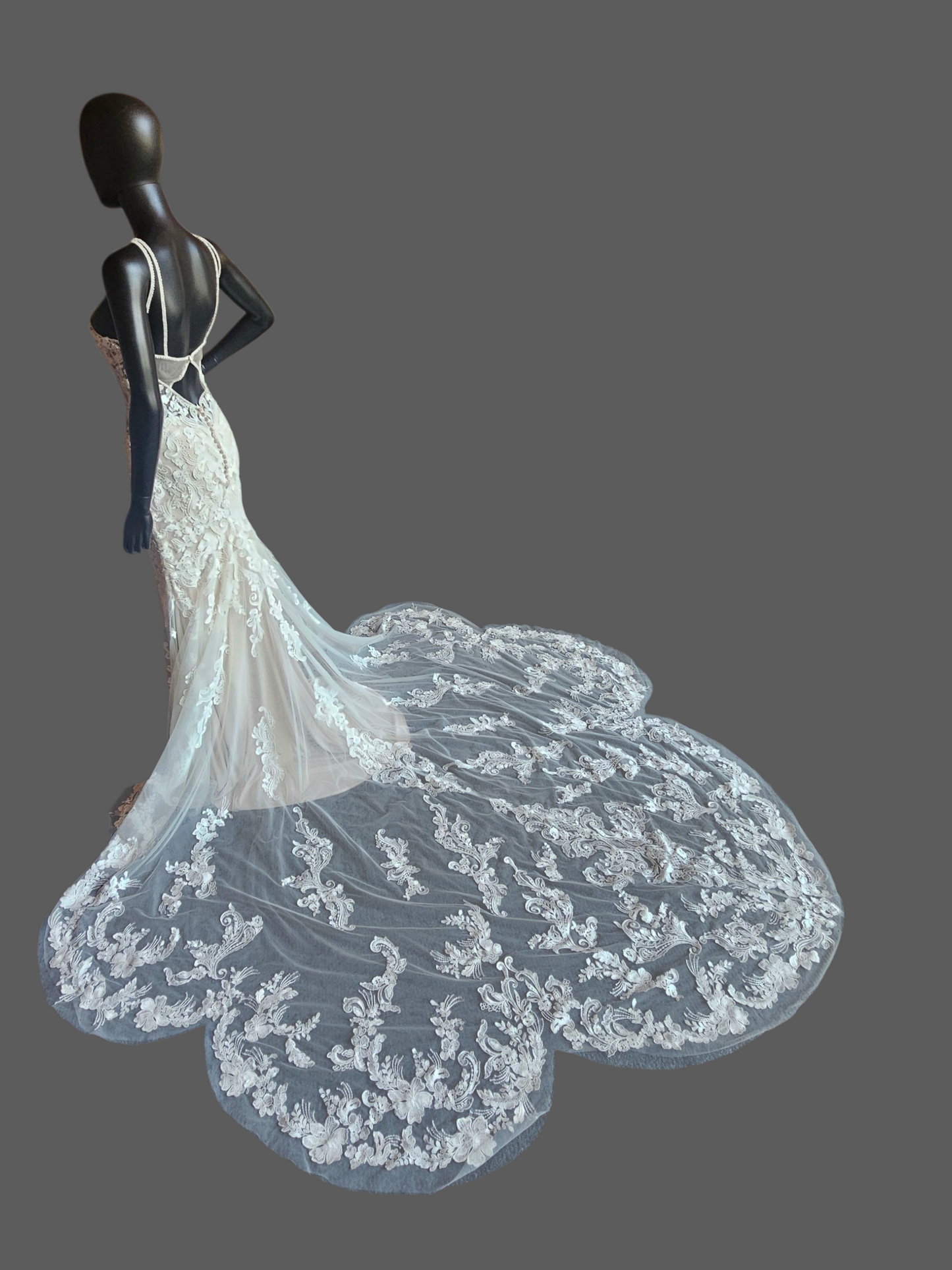 Ivory/Cappuccino Lace Halter Fit/Flare Scallop Train Wedding Gown - Mori Lee