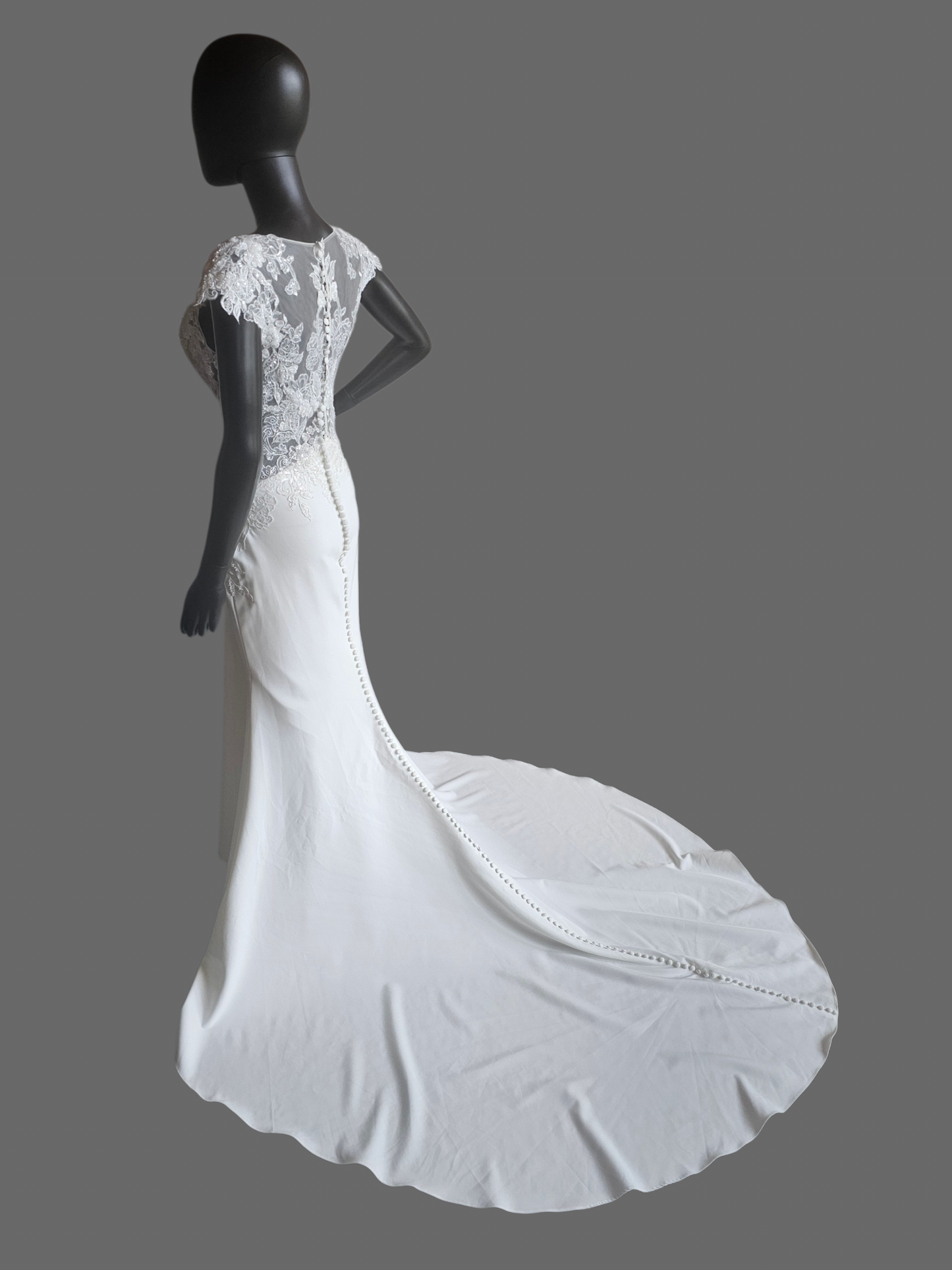Ivory Crepe Illusion Bodice Cap Sleeve Fit/Flare Wedding Gown - Rebecca Ingram