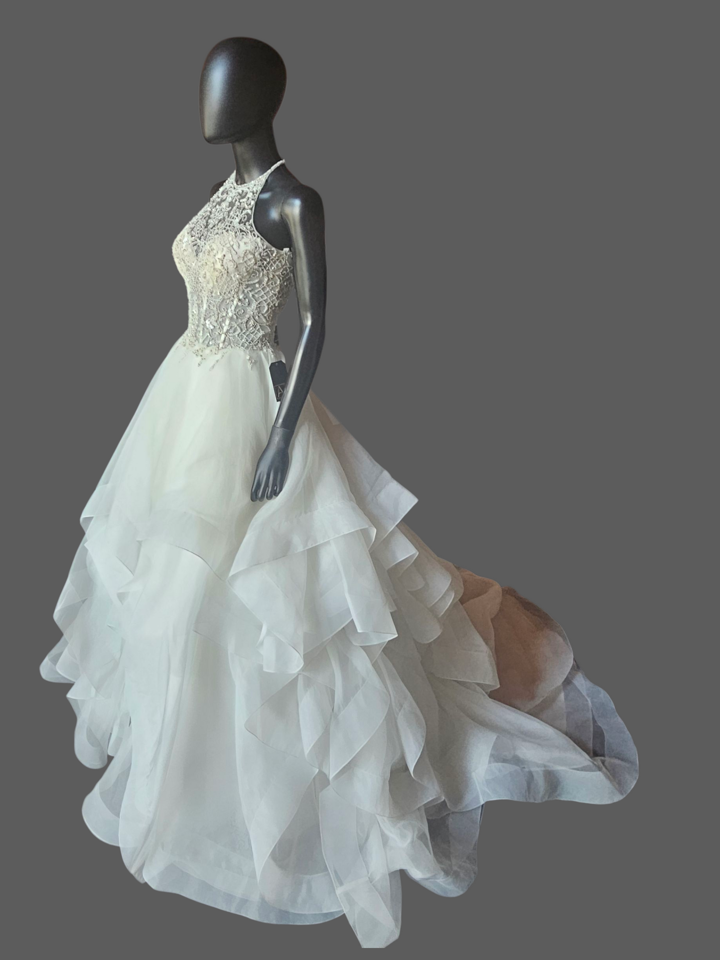 Ivory Horsehair Tiered Illusion Halter A-line NWOT Wedding Gown - Mori Lee