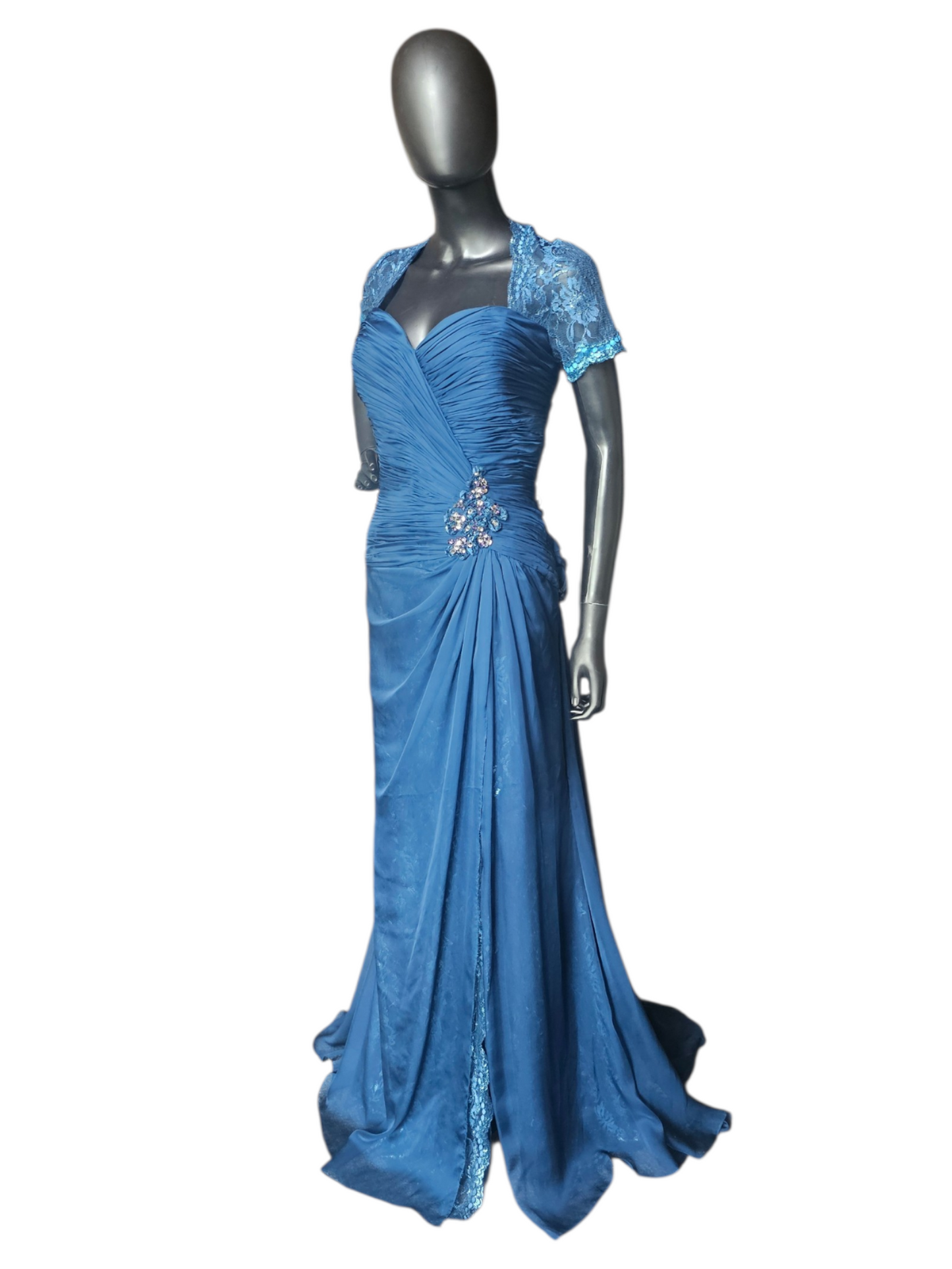 Navy Moms Dress Lace Cap Sleeve Lace Train Beaded Applica Sweetheart Neck  - Feriani Couture