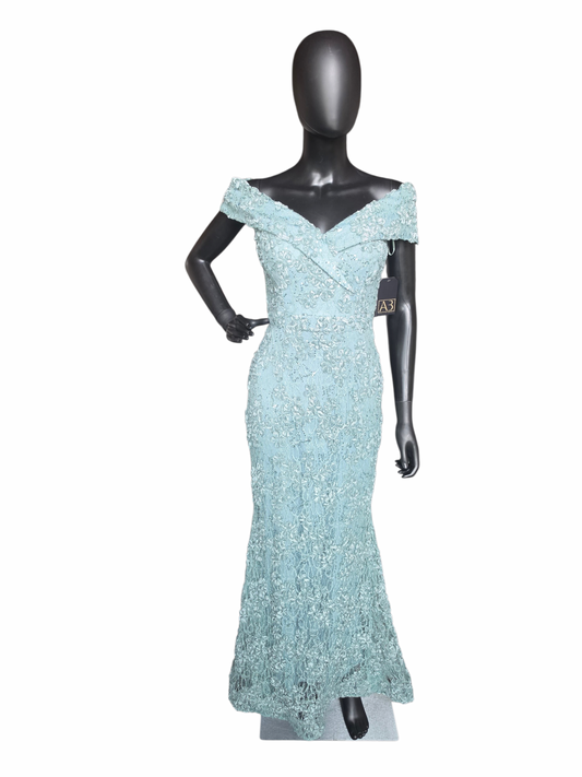 Mint Green 3D Embroidered Off Shoulder Formal Fit/Flare Dress- Xcape
