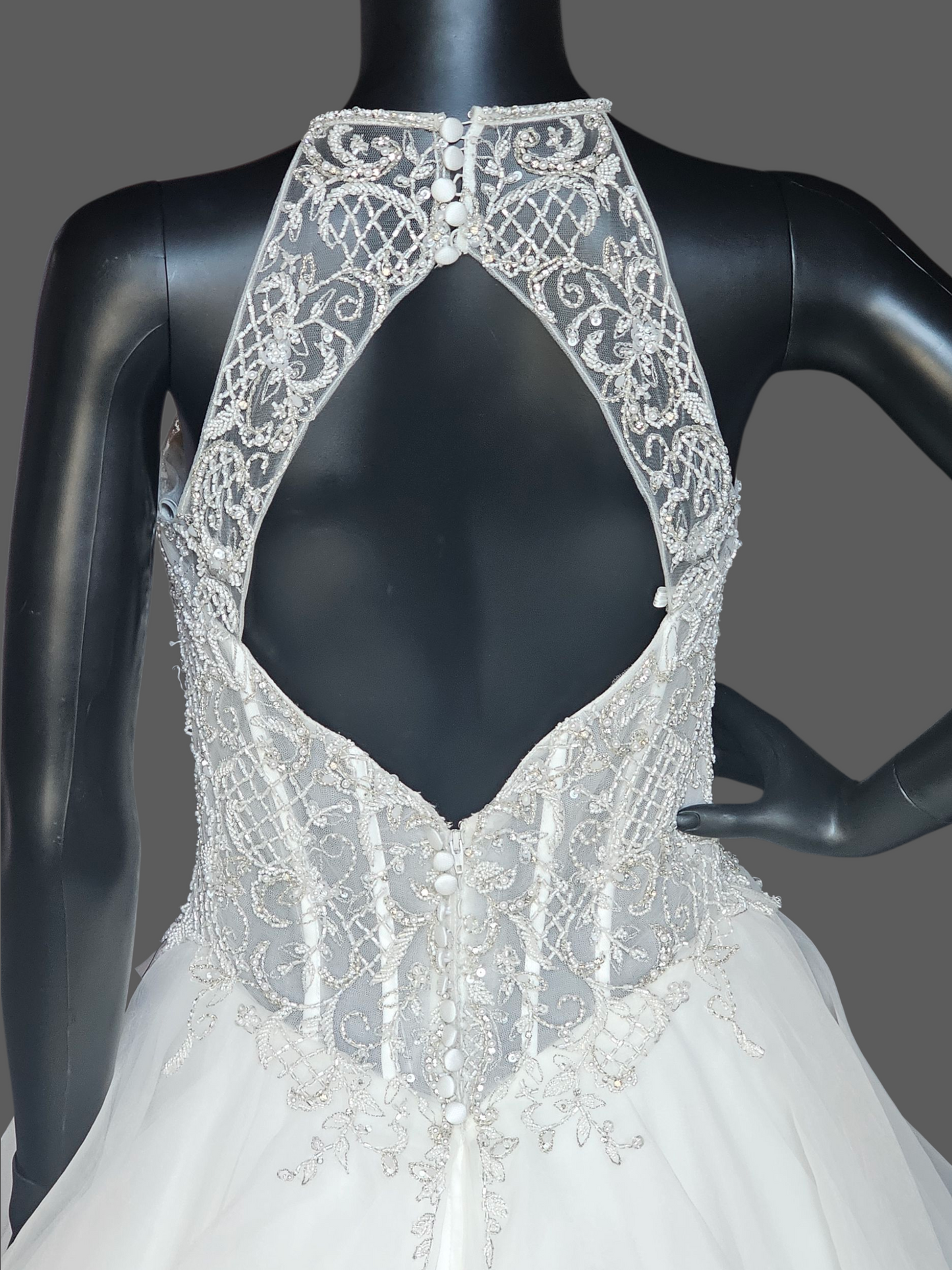 Ivory Horsehair Tiered Illusion Halter A-line NWOT Wedding Gown - Mori Lee