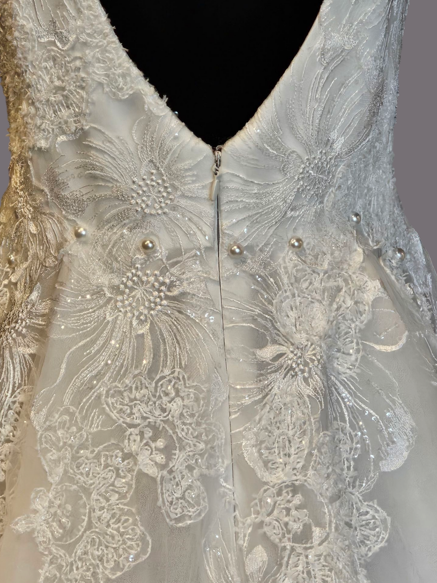 Ivory V-Neck Full Skirt Large Scale Floral Embellished Wedding Gown - Adrianna Papell