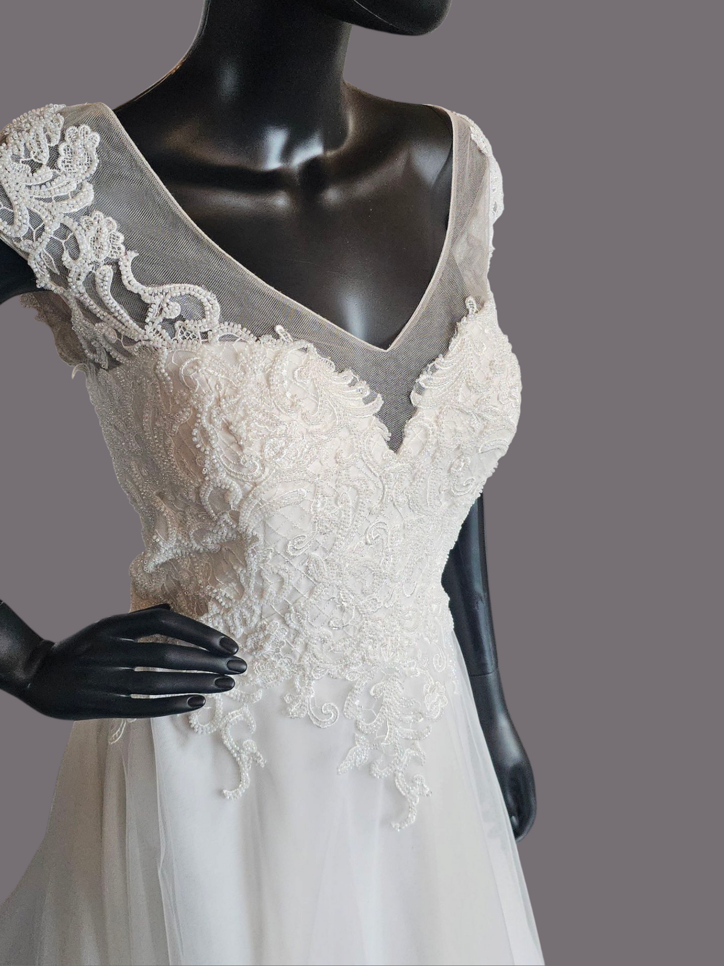 Ivory V-Neck Illusion Cap Sleeve A-Line Wedding Gown - Evelyn Bridal