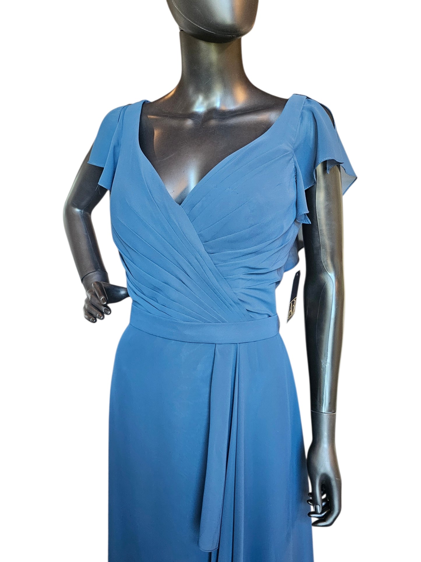 Navy Chiffon Flutter Sleeve Added Belt Side Ruched Maxi Formal/Moms Dress - DaVinci