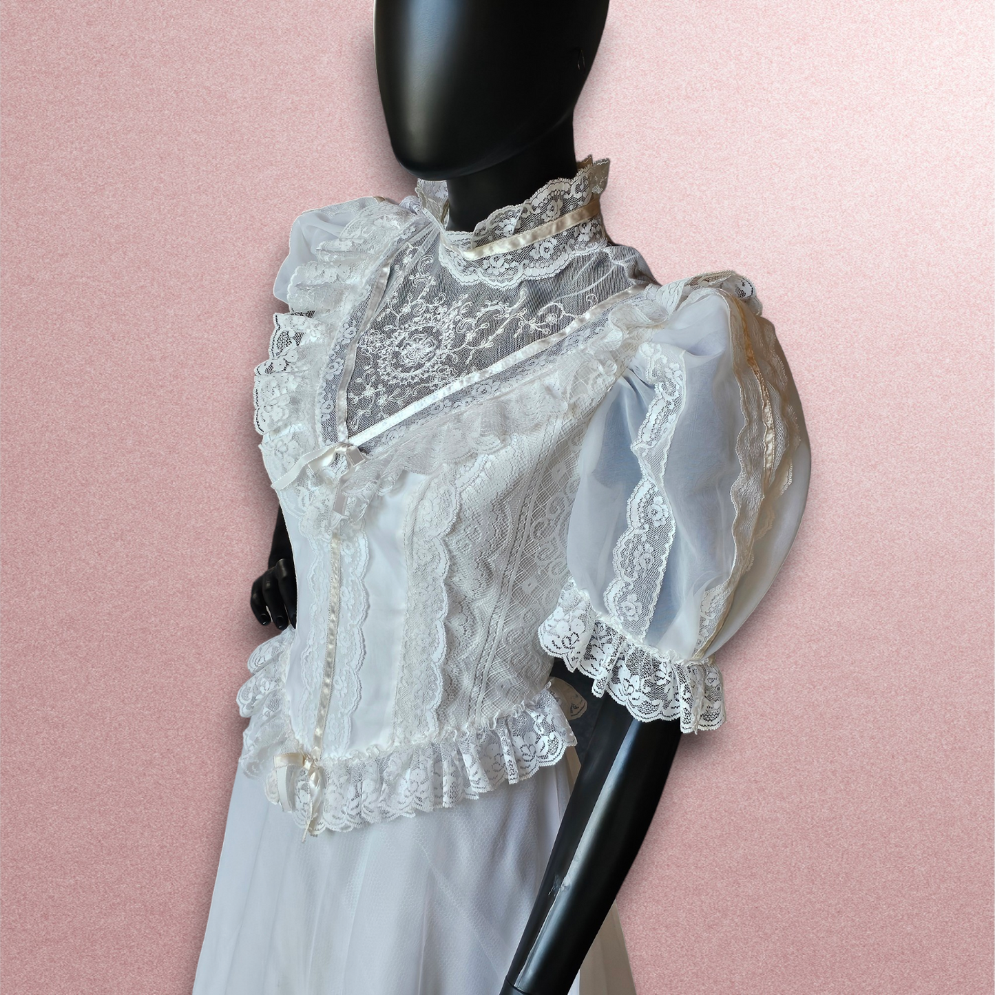 Vintage Victorian Lace High Collar Short Sleeve Wedding Gown