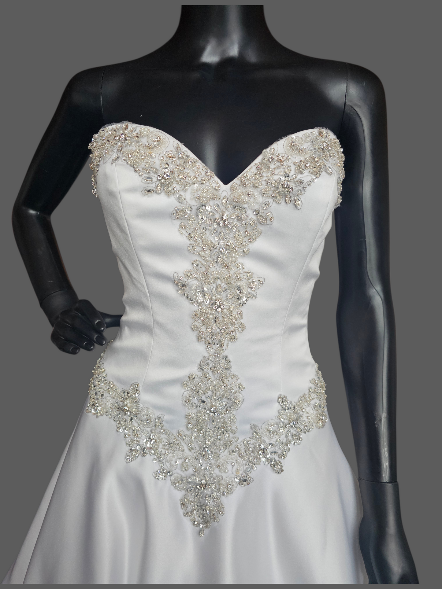 White Satin Basque Waist Strapless Sweetheart Wedding Gown - Mori Lee