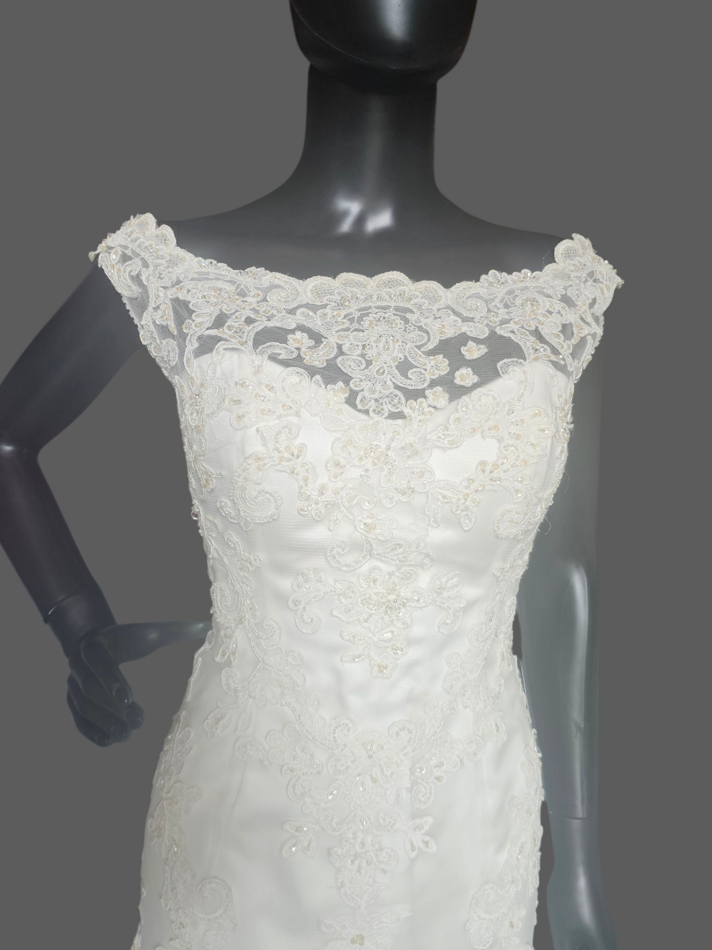 Ivory Lace Fit/Flare Bateau Neckline Wedding Gown - Casablanca