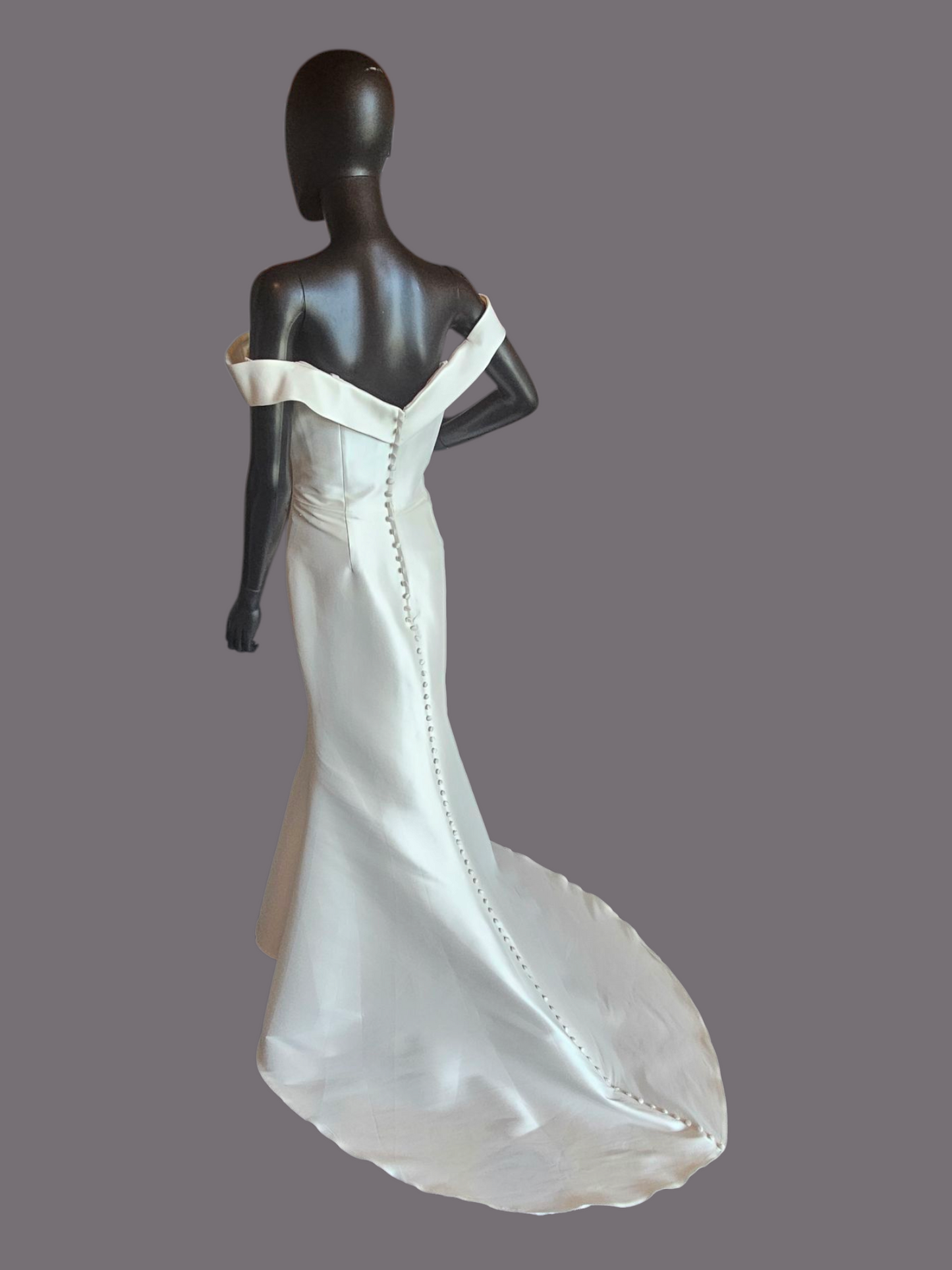 Ivory Satin Twill Fit-Flare Off Shoulder Wedding Gown - Allure Bridals