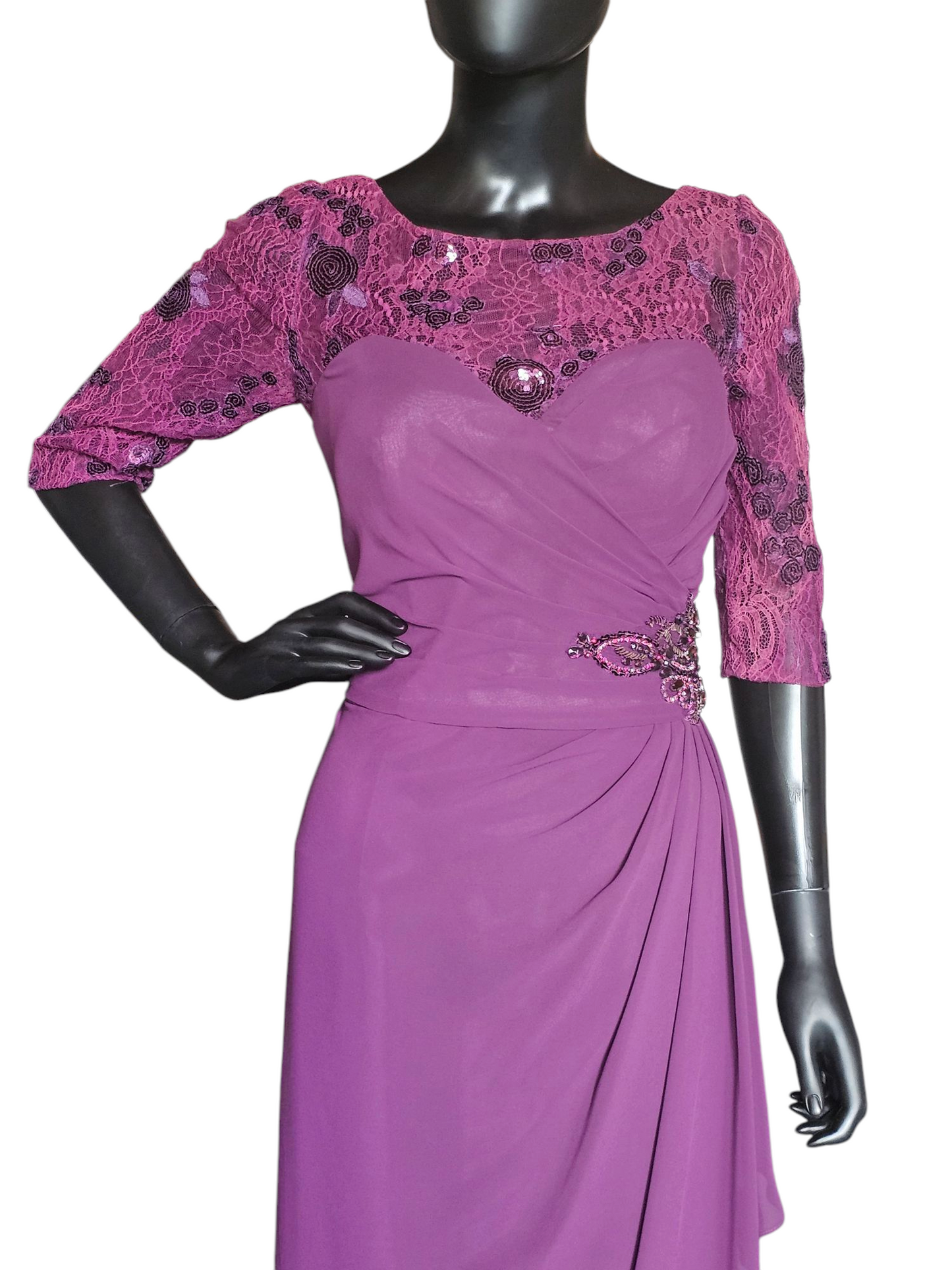 Plum Lace Sleeve Illusion Side Ruched Formal Gown - MGNY
