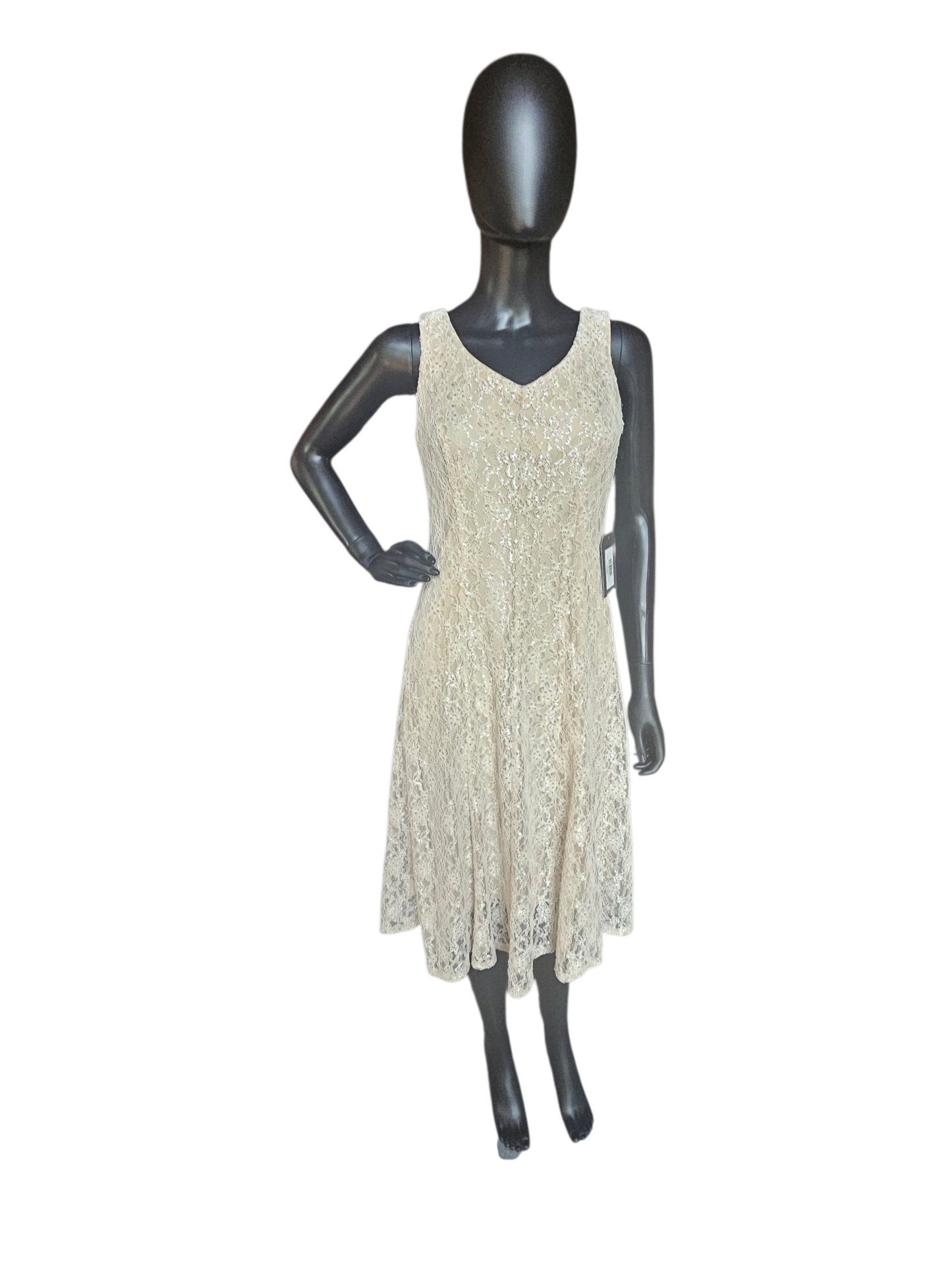 Champagne/Silver V-Neck Lace Mid-Length Cocktail Dress - J. Taylor