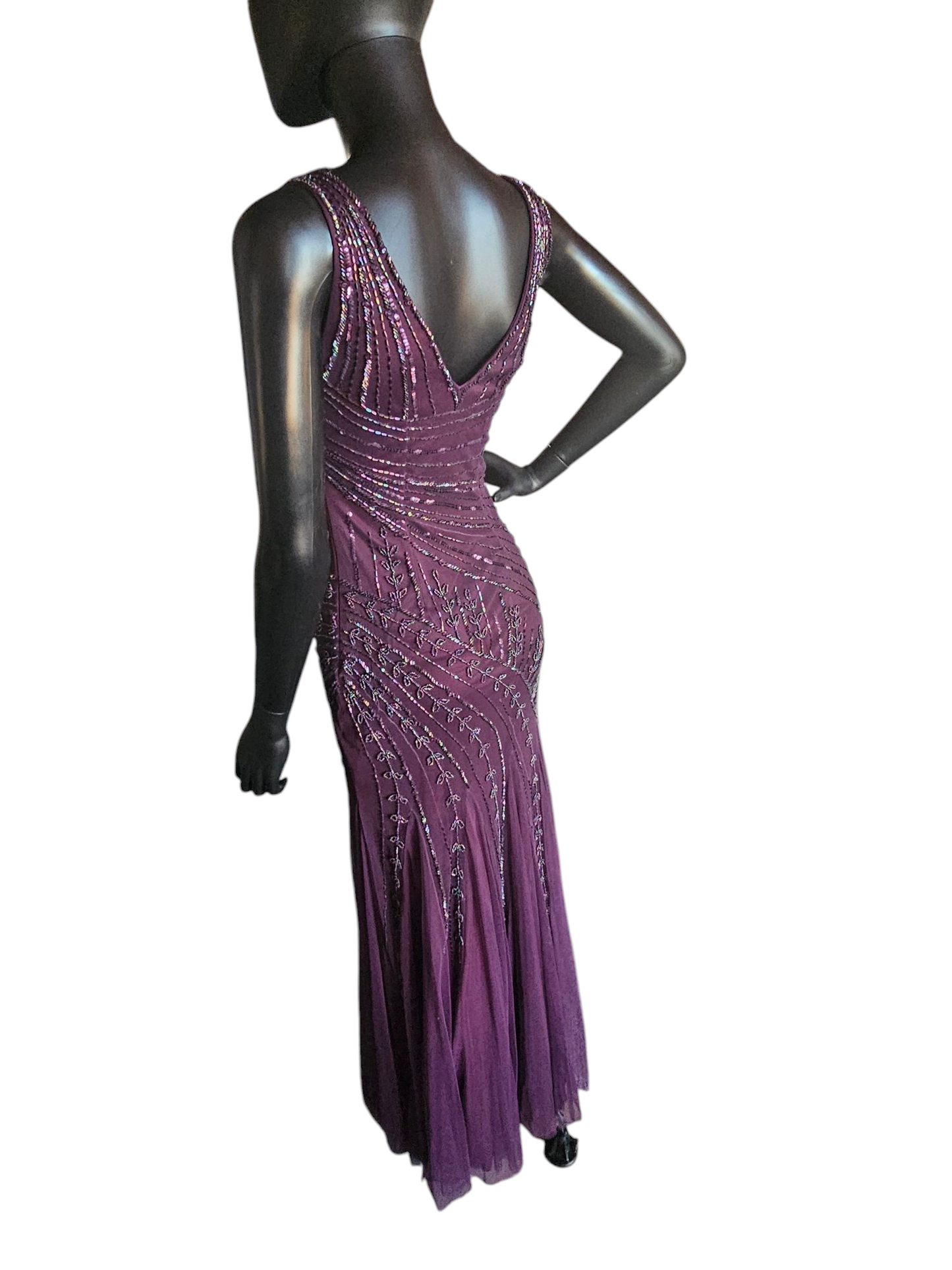 Plum V-neck Beaded Formal Gown - Night Scene
