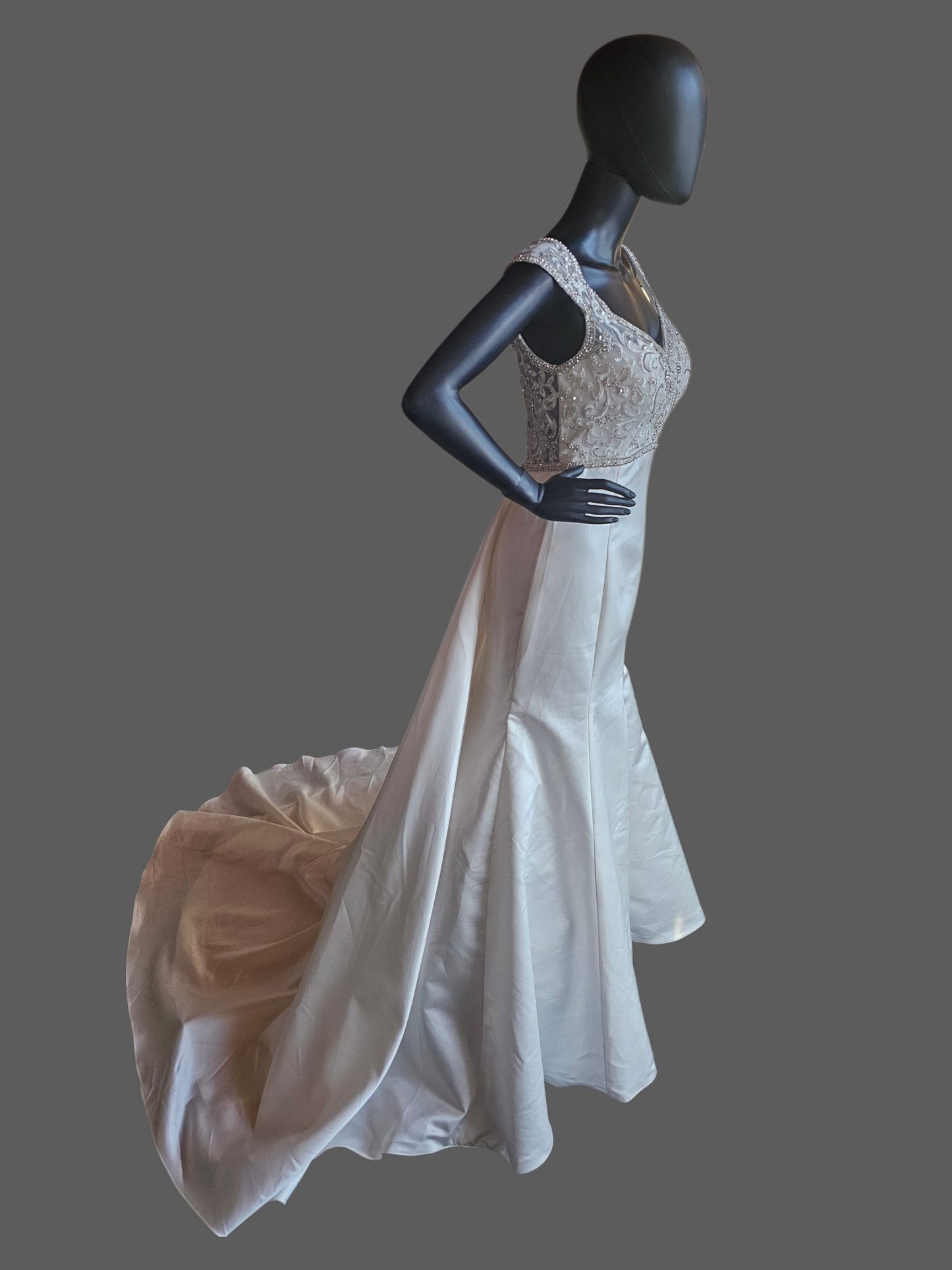 Ivory Satin Empire V-Neck Cap Sleeve Fit/Flare Wedding Gown - Da Vinci