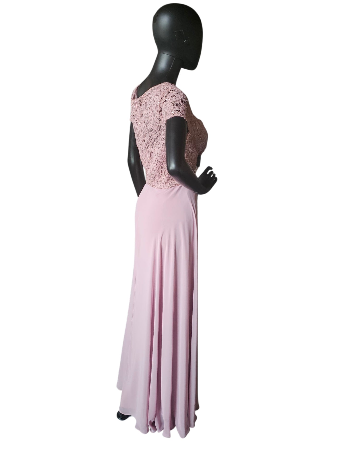 Mauve Beaded Belt/Lace Details Cap Sleeve Crew Neck Full Length Formal Dress - Jackie Jon