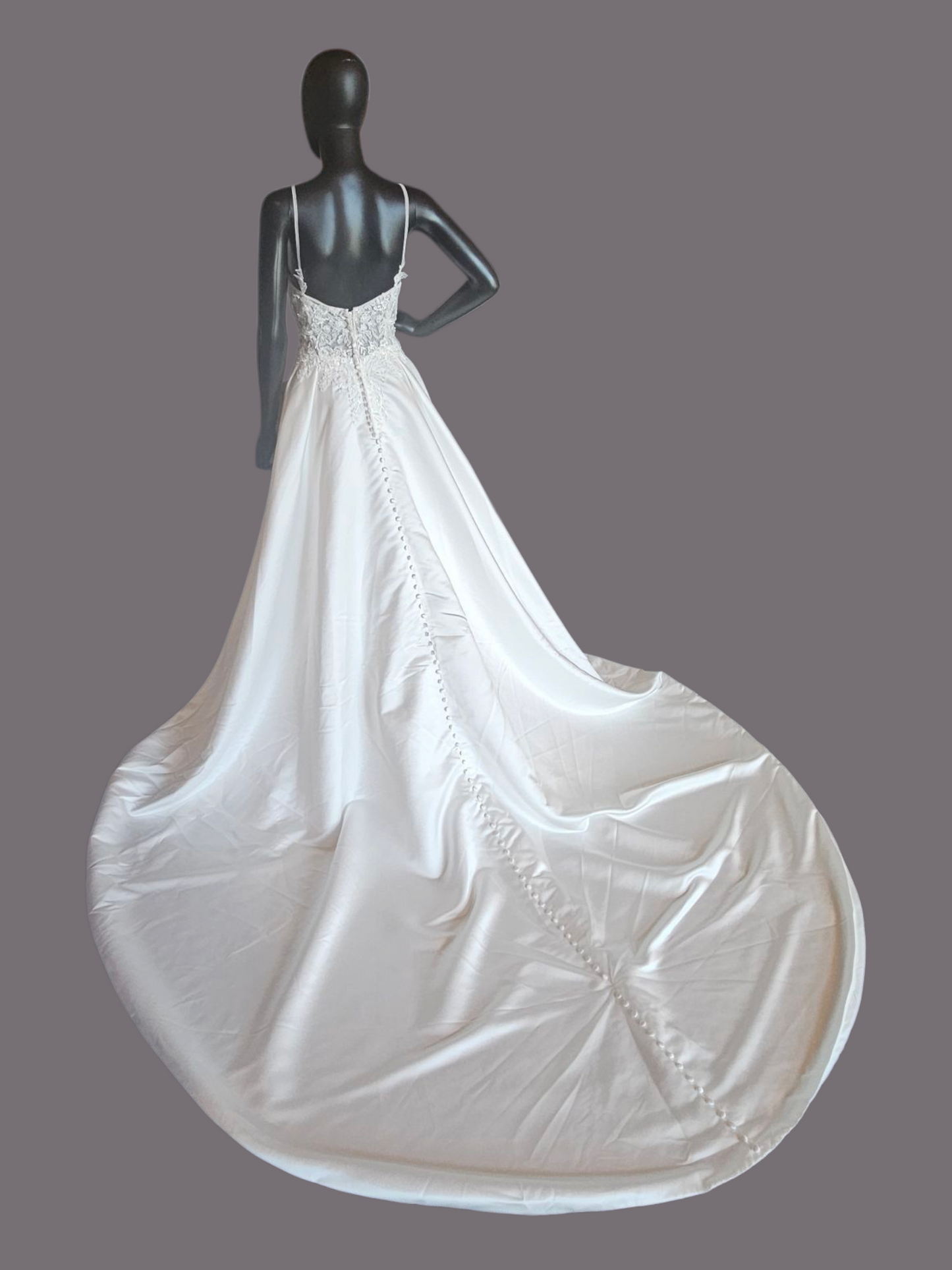 Ivory Satin Plunge Illusion Bodice Removable Feather Straps Wedding Gown - Amy & Eve