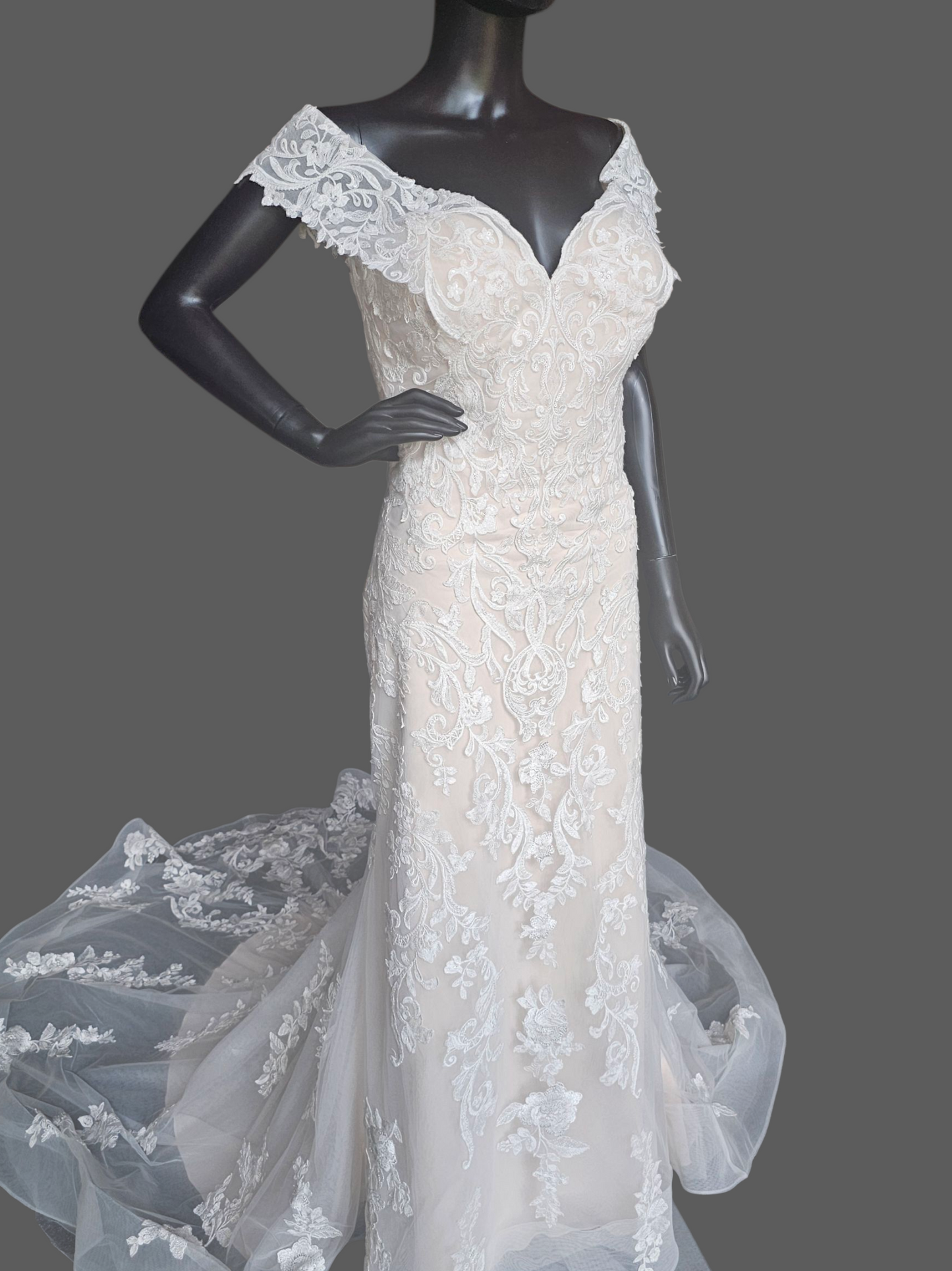 Ivory/Champagne Lace Off Shoulder/Portrait Collar Wedding Gown - Mori Lee