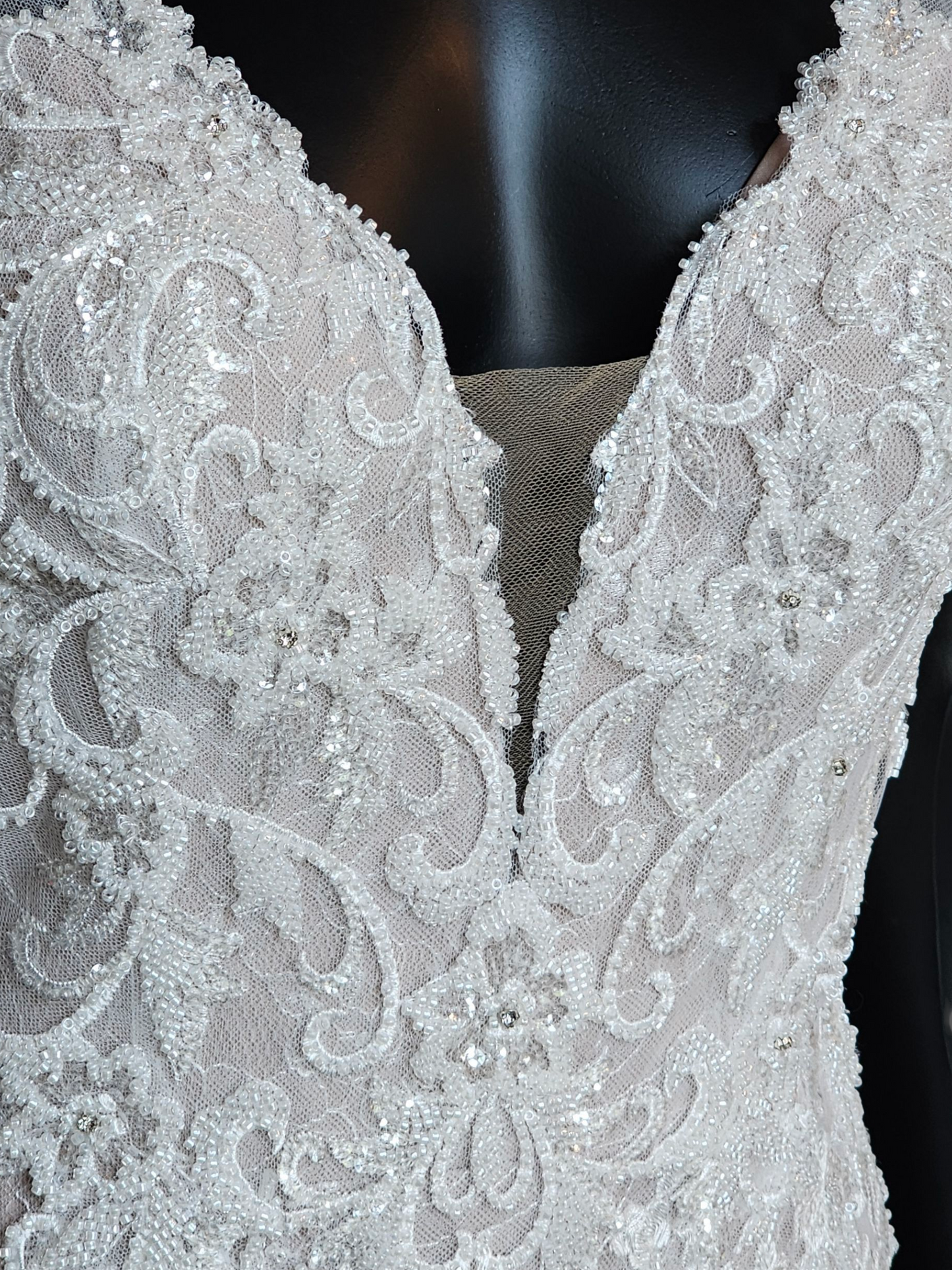 Ivory/Latte Beaded Lace Illusion Back Plunge Fit and Flare Wedding Gown - Da Vinci