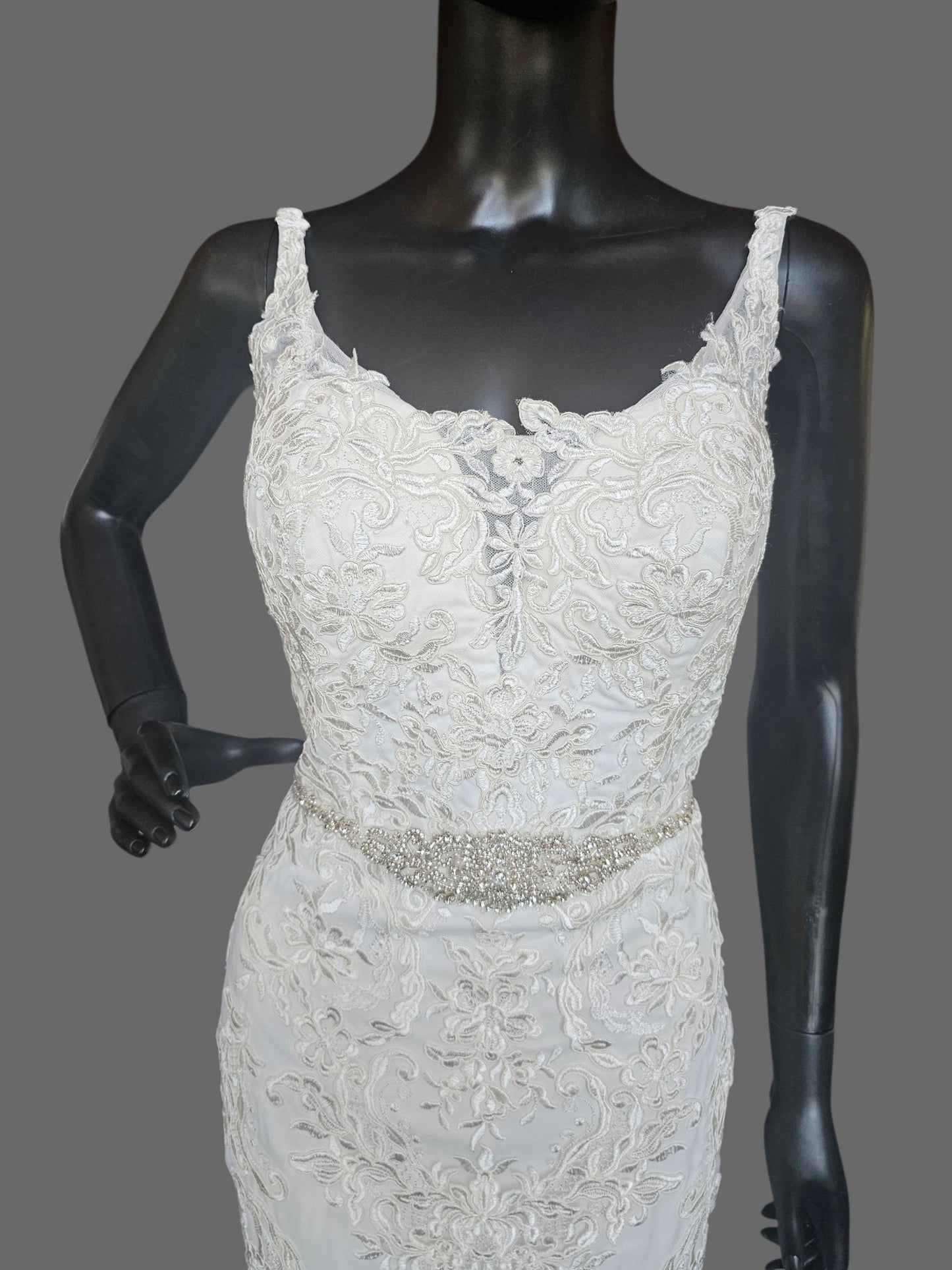 Lace V-Neck Belted Fit/Flare Wedding Gown - DaVinci