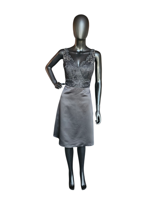 Black Satin/Lace Illusion A-Line Cocktail Dress - Da Vinci