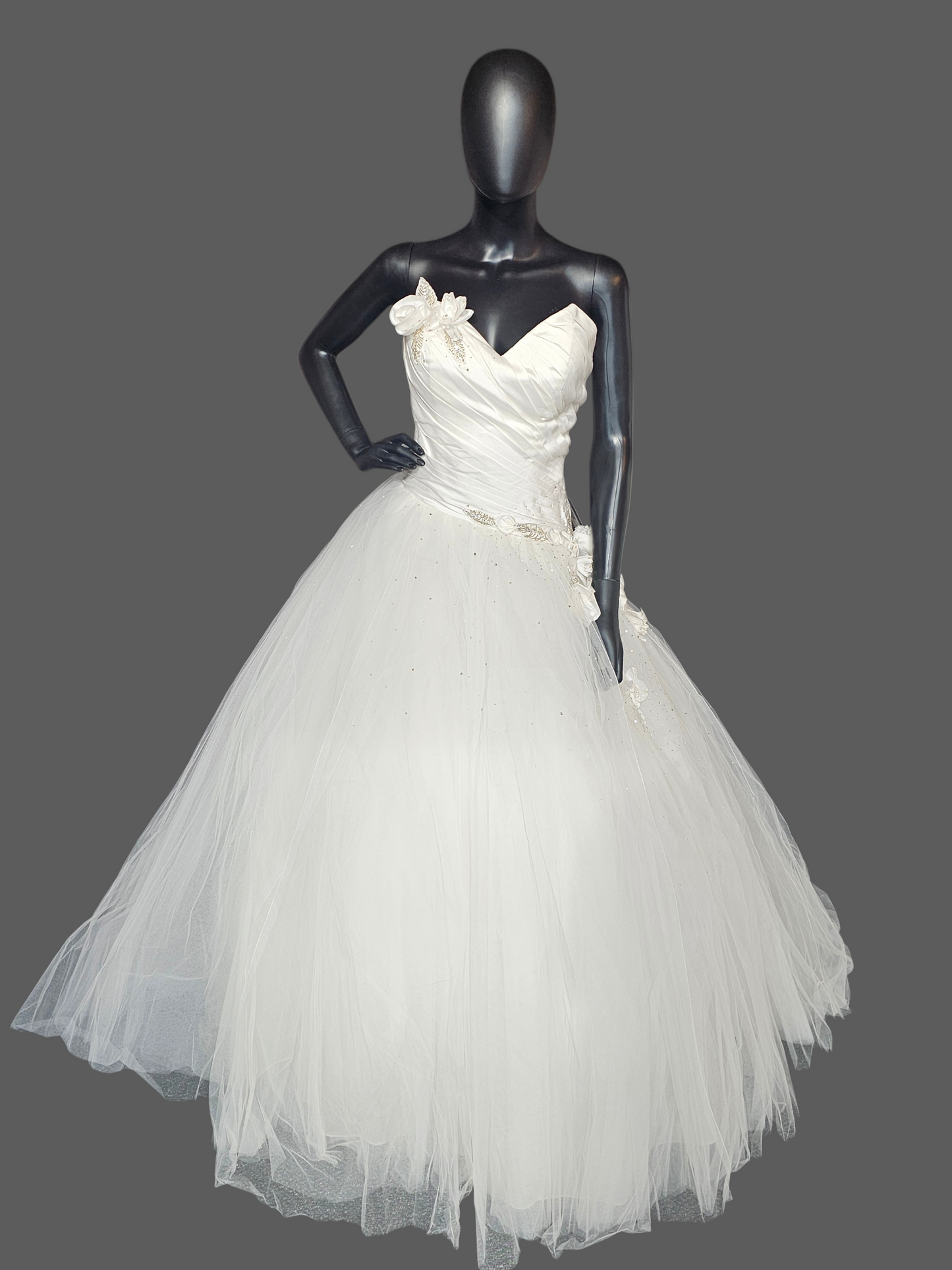 White Asymmetrical Floral Accent Wedding Ballgown - Bill Levkoff