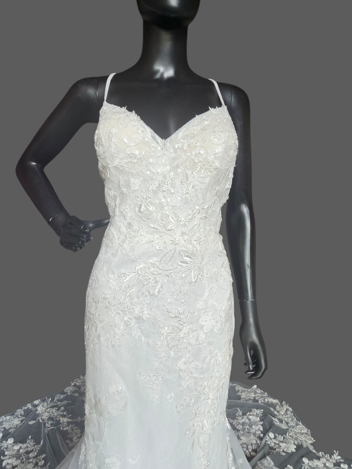 Ivory Fitted Spaghetti Strap Plunge Scallop Train Wedding Gown - Stella Couture