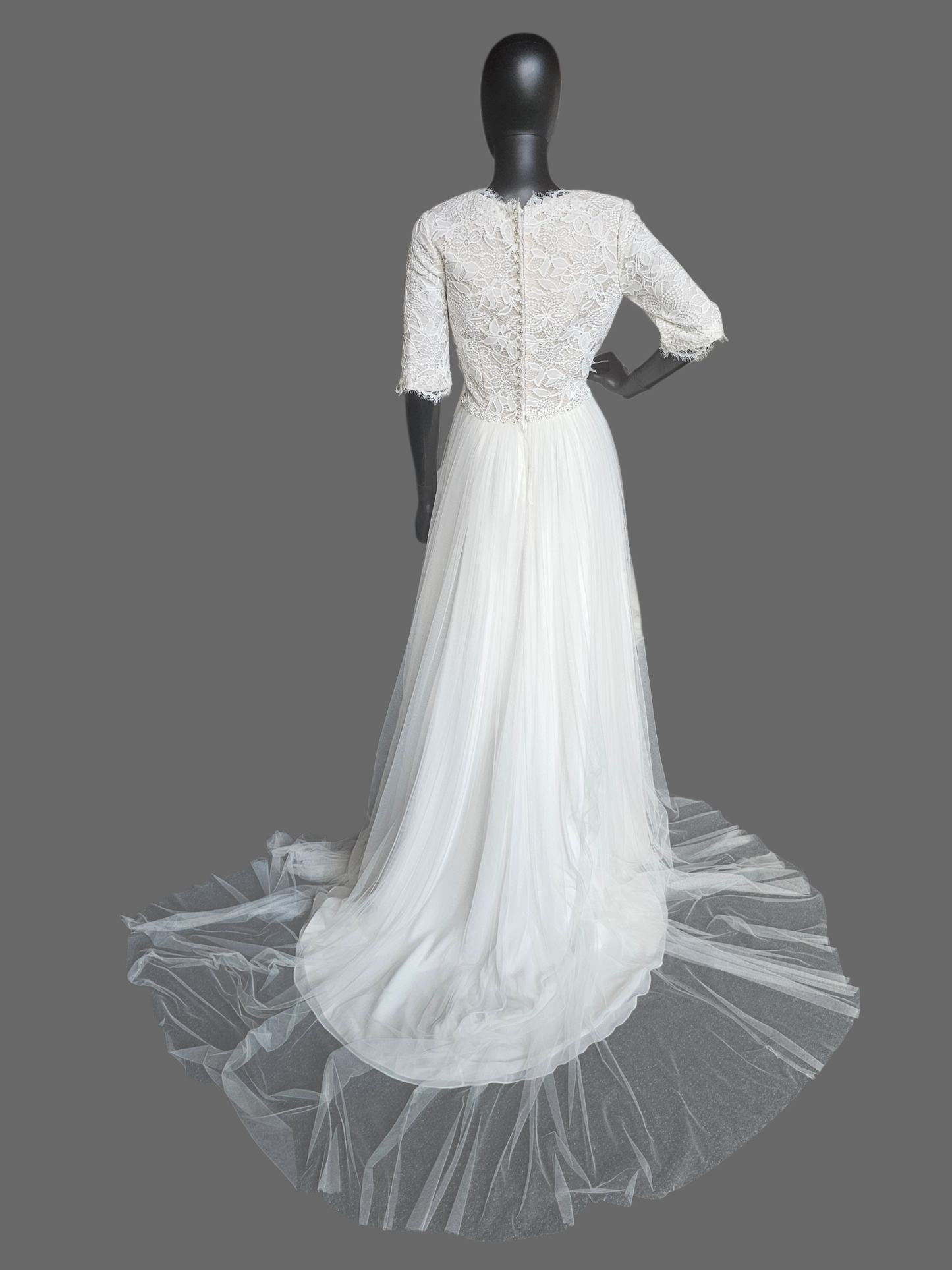 Ivory Lace Bodice V-Neck 3/4 Sleeve Wedding Gown - Rebecca Ingram
