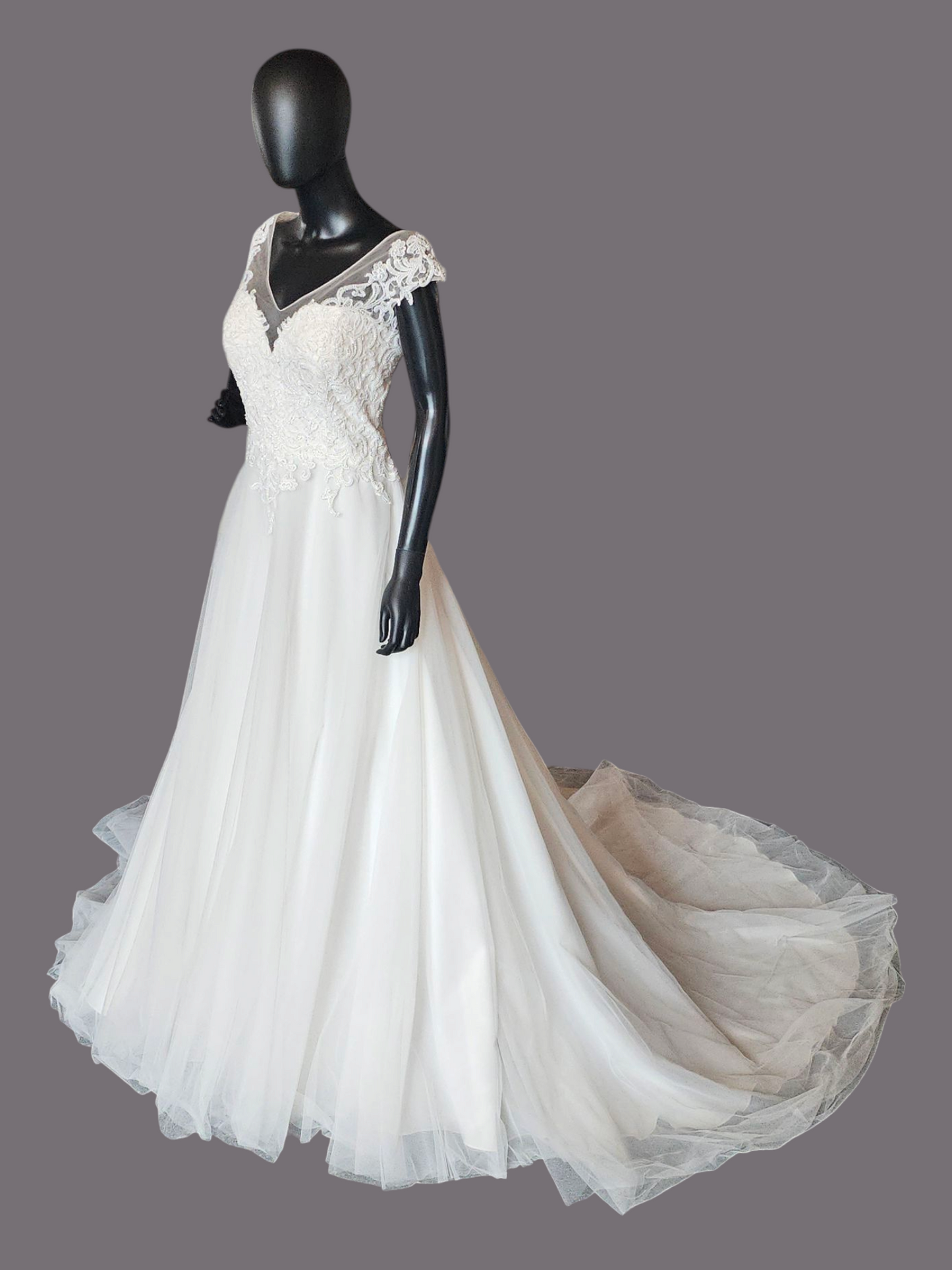 Ivory V-Neck Illusion Cap Sleeve A-Line Wedding Gown - Evelyn Bridal