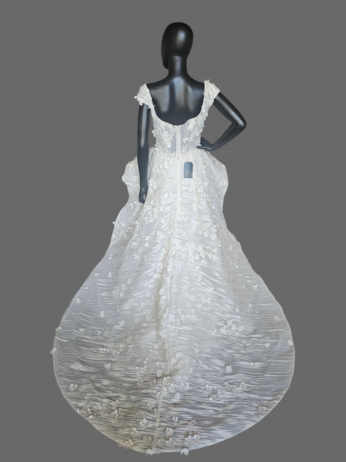 Ivory Structured Wedding Gown 3D Floral Peplum With A Square Neckline And Cap Sleeves - Madison James