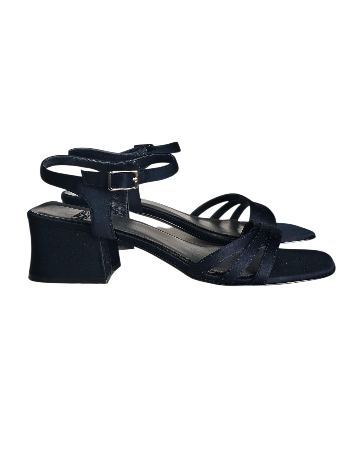 Navy Satin Strappy Sandal Block Heel