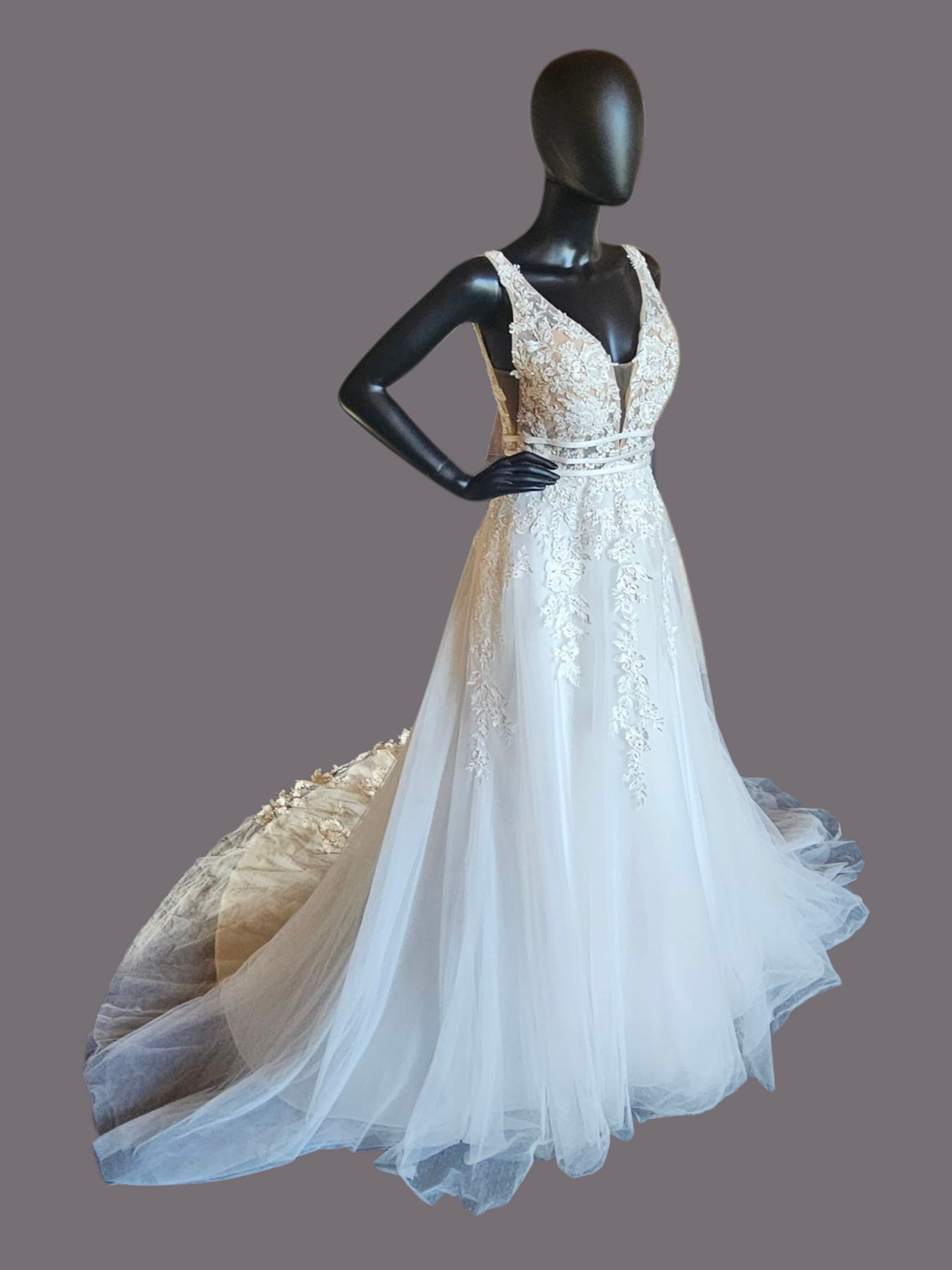 Ivory A-Line Illusion Bodice Floral Applique Wedding Gown - Bliss Bridal