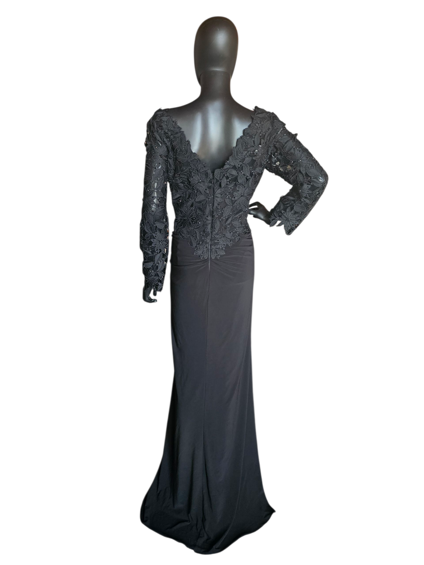 Black Open Weave Lace Long Sleeve V-Neck Formal Dress - Madeline Gardner