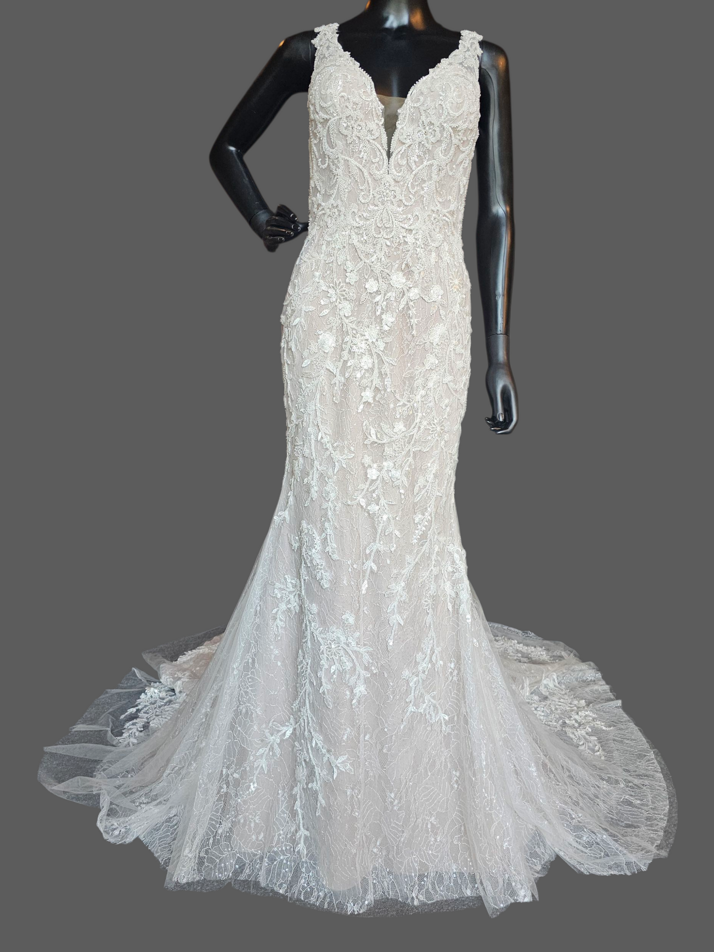 Ivory/Latte Beaded Lace Illusion Back Plunge Fit and Flare Wedding Gown - Da Vinci