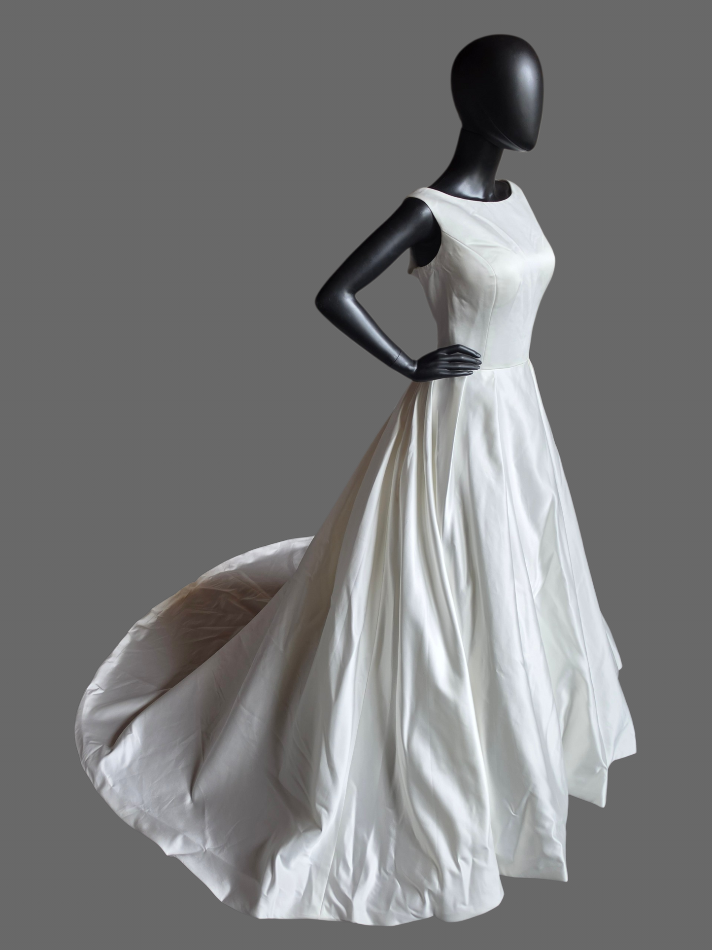Ivory Simple Satin A-Line Boat Neck Box Pleat Wedding Dress