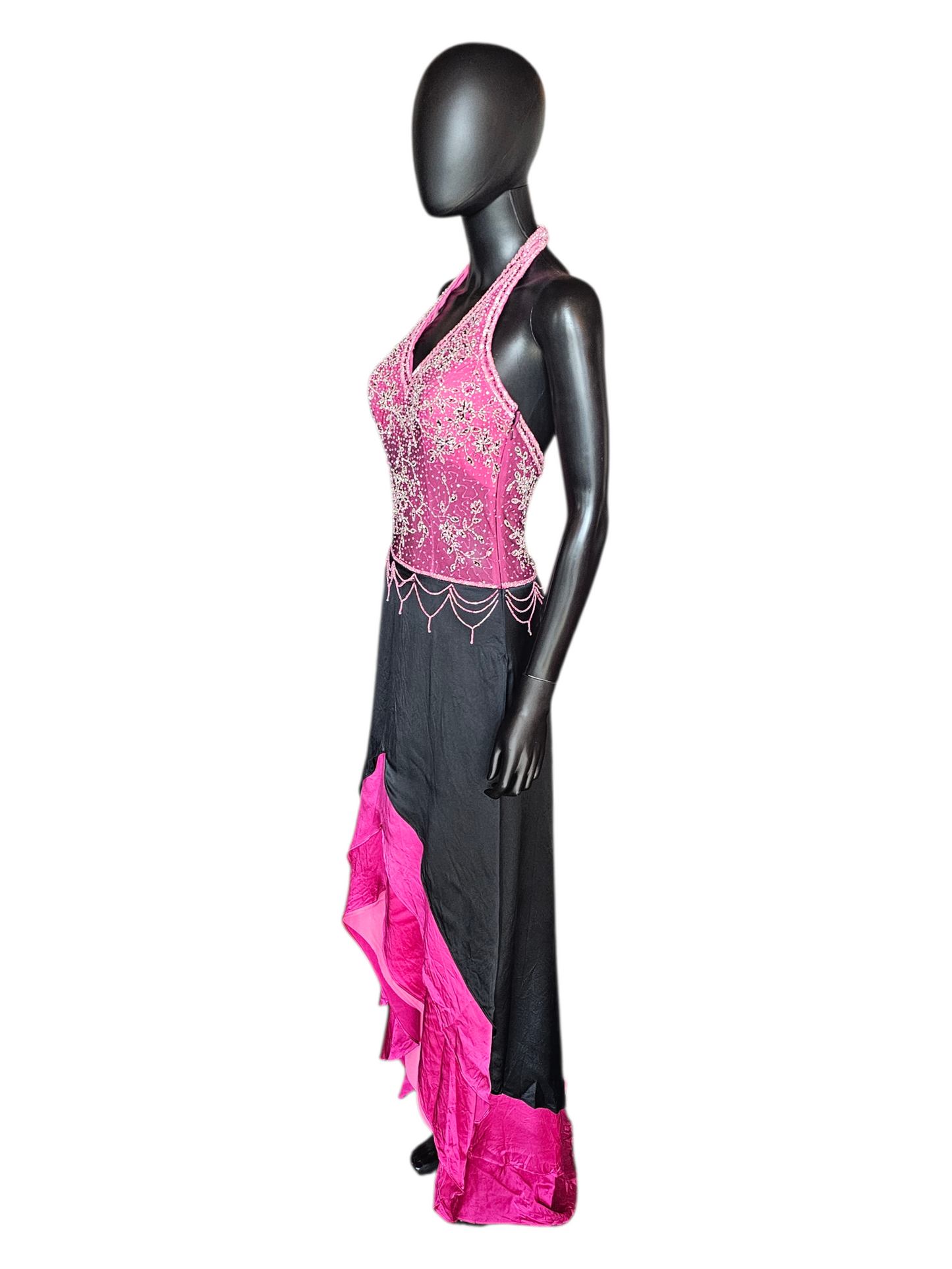 Vintage Y2K 100% Silk Pink/Black Halter High Low Hem Dress - Cassandra Stone