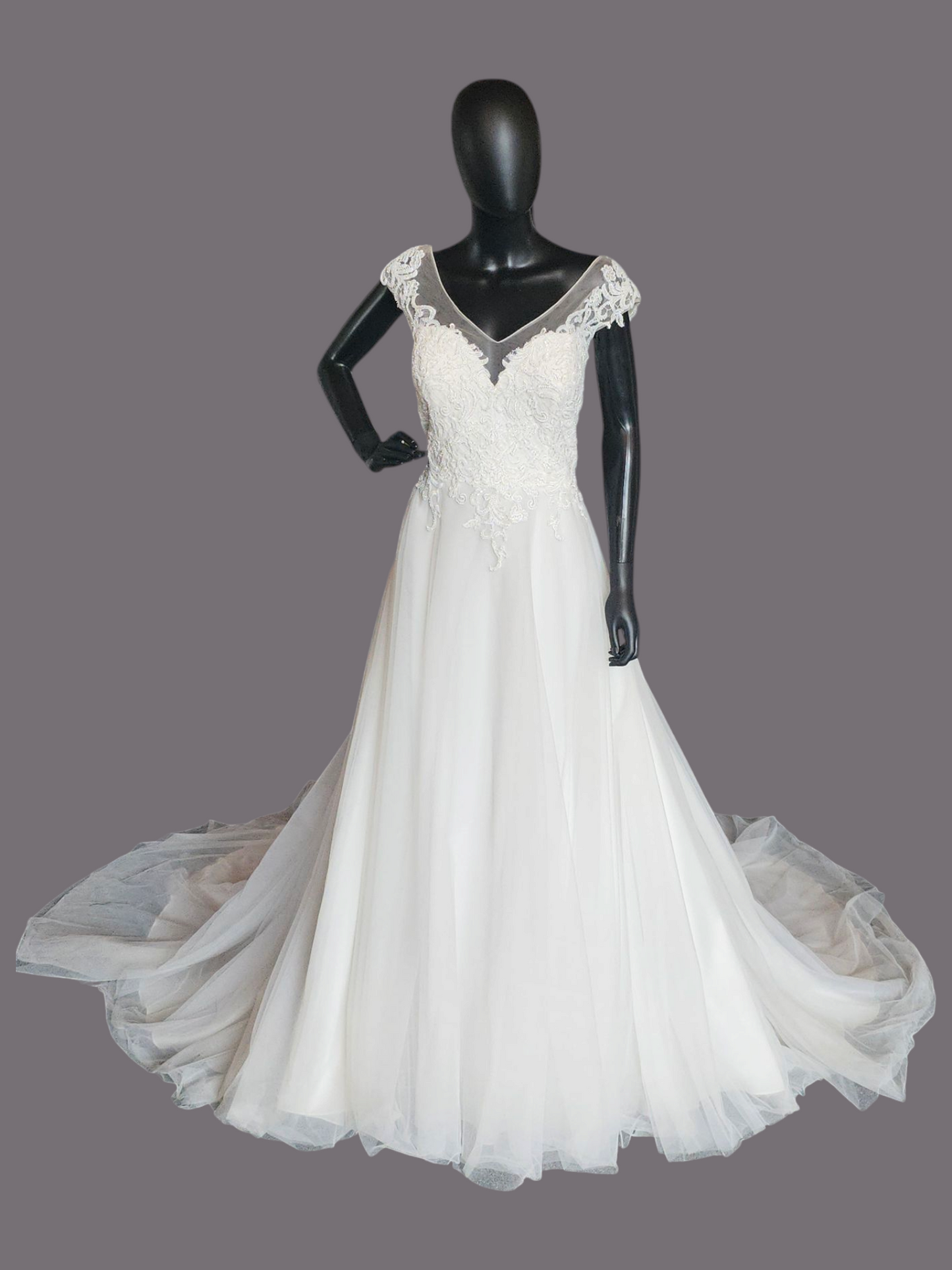 Ivory V-Neck Illusion Cap Sleeve A-Line Wedding Gown - Evelyn Bridal