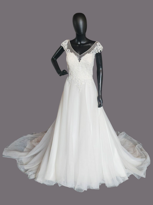 Ivory V-Neck Illusion Cap Sleeve A-Line Wedding Gown - Evelyn Bridal