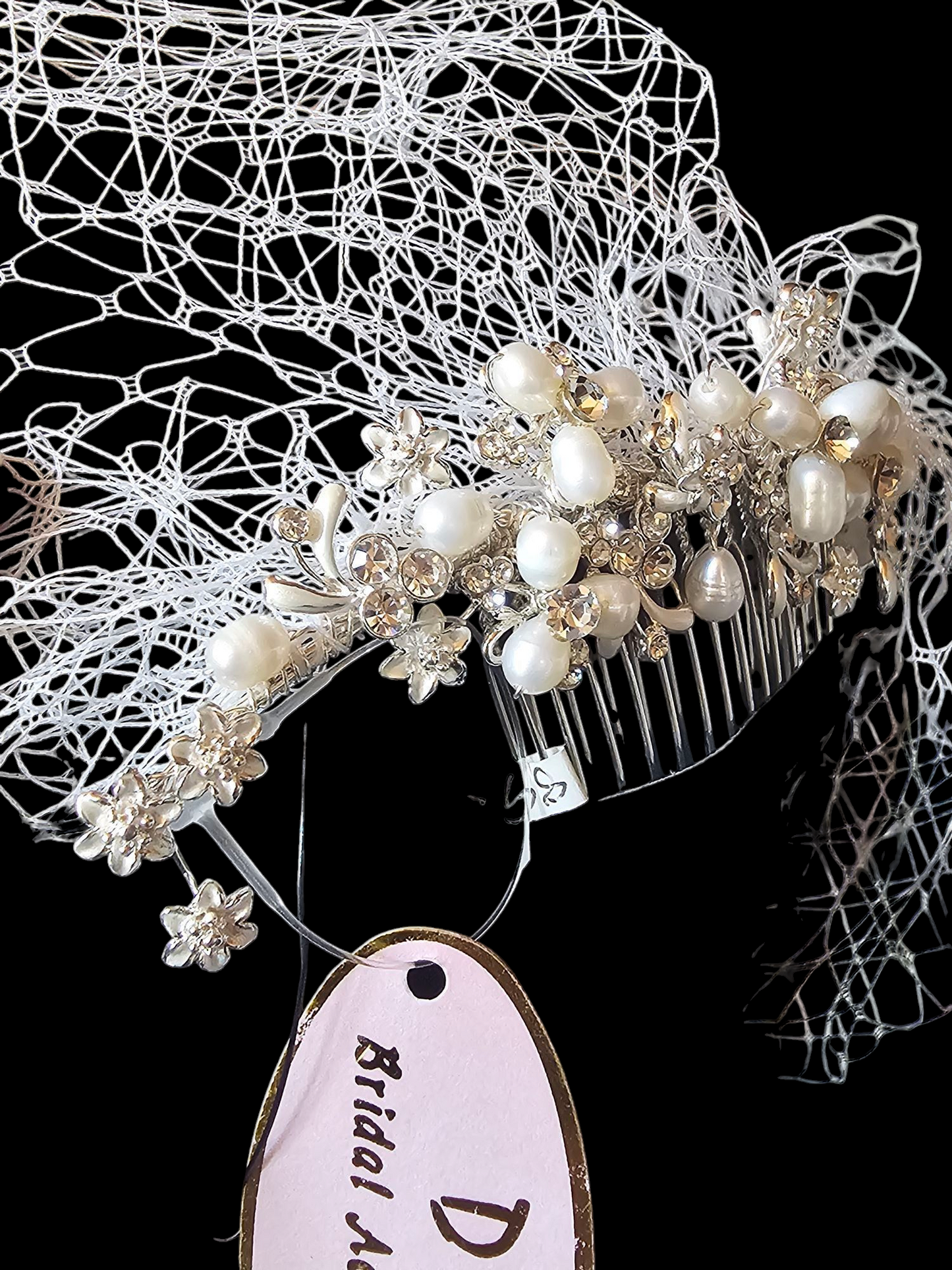 Silver Freshwater Pearl/Crystal Comb W/Net Facinator Veil
