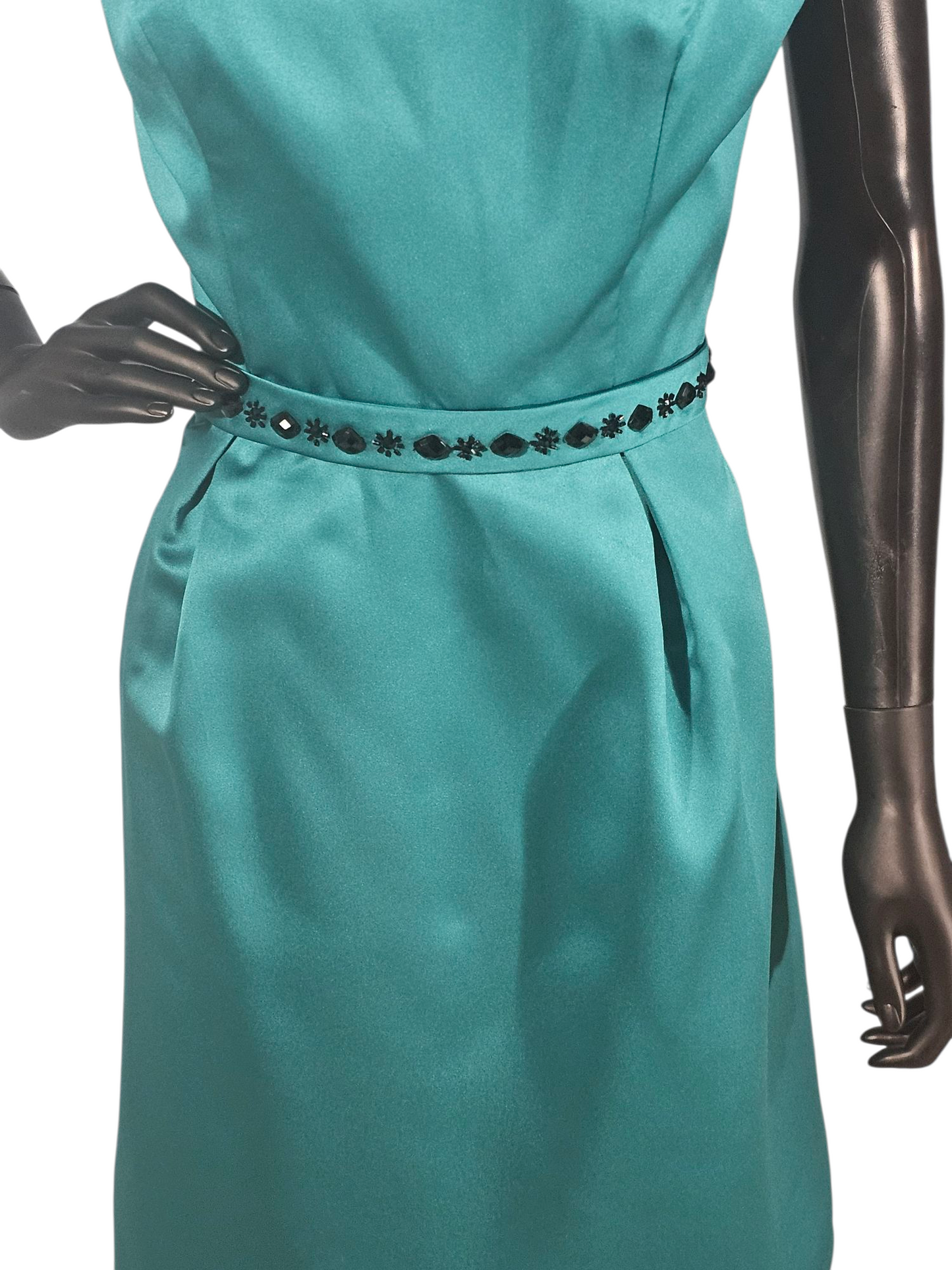 Teal Satin/Black Crystal A-Line Cocktail Dress - Da Vinci