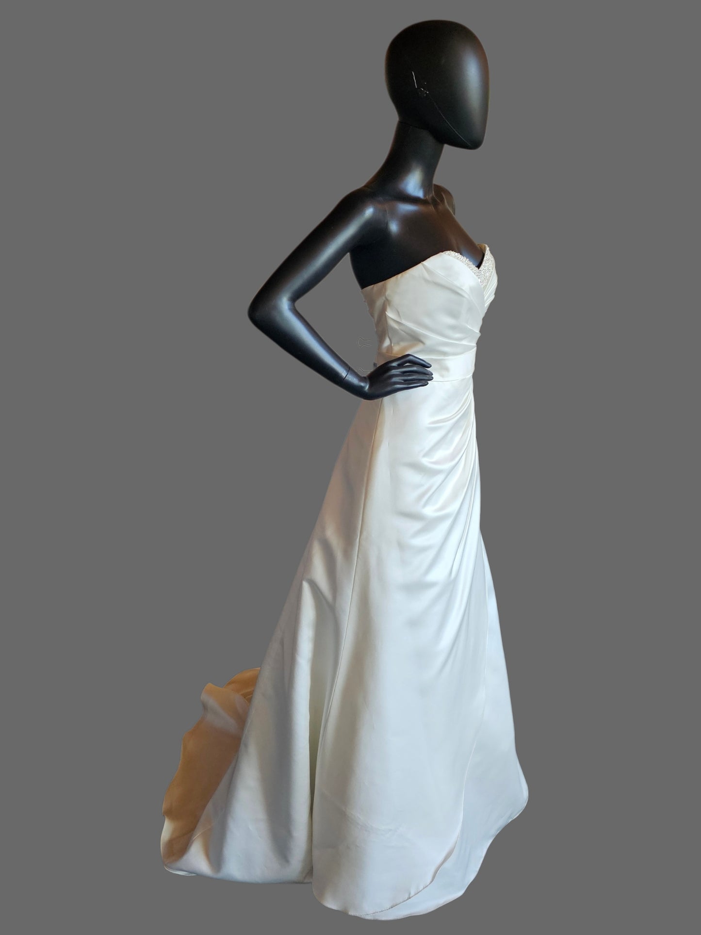 Ivory Satin Beaded V-Neck Side Sweep  - Alfred Angelo