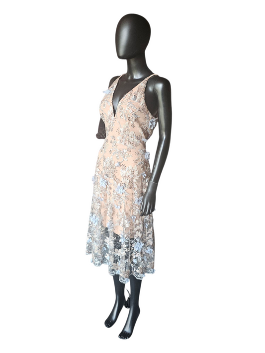 Blue/Pink/Nude 3D Floral Party Dress - Dress the Population