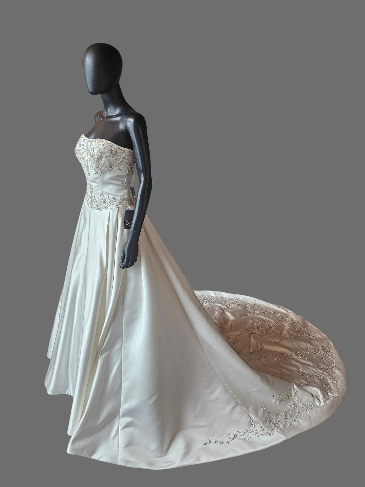 Ivory Satin Strapless Basque Waist Embroidered Wedding Gown  - Signature