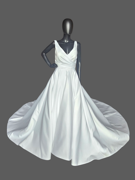 White Satin Minimalist V-Neck A-Line Wedding Gown - Da Vinci