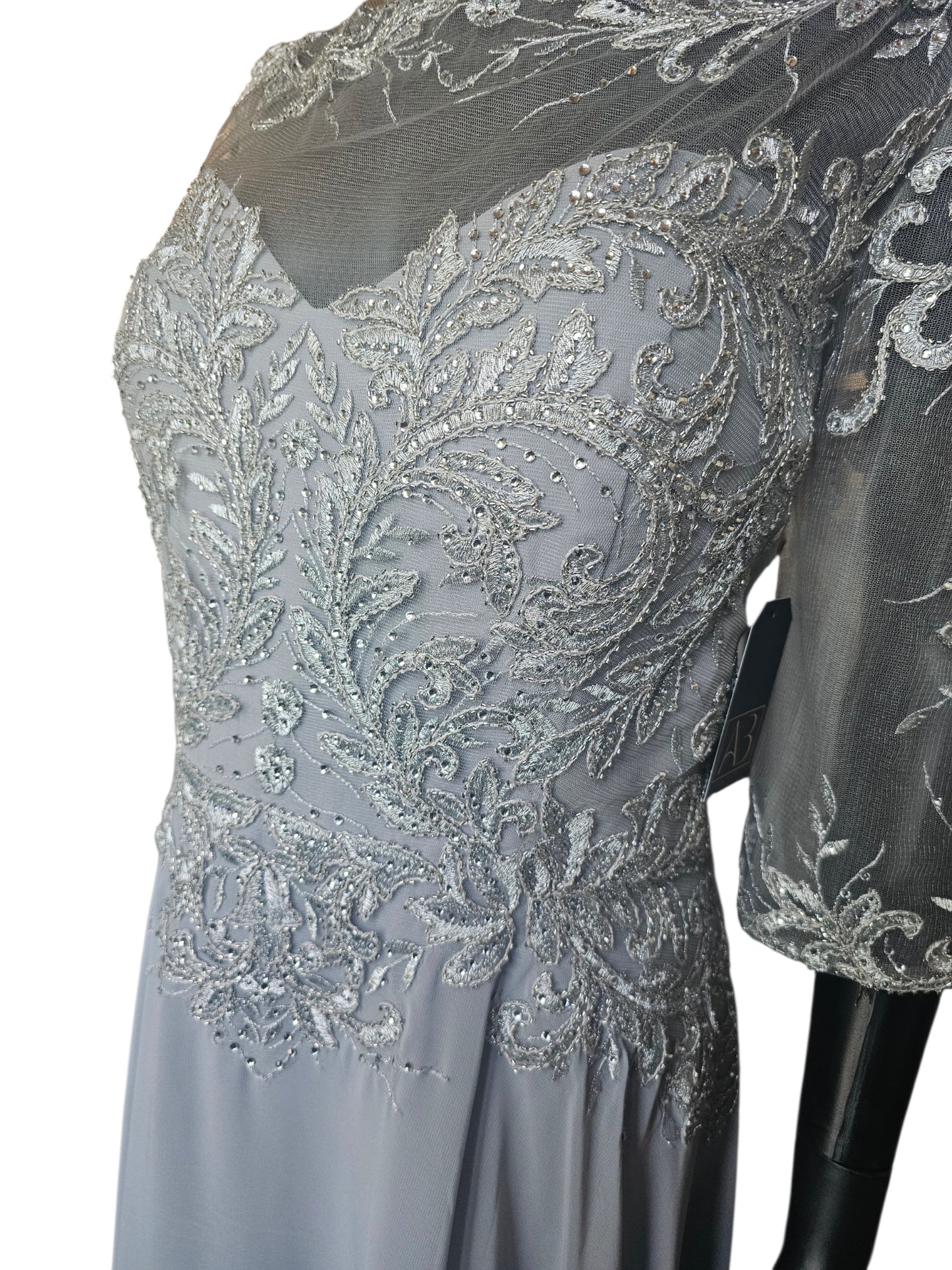 Silver Lace 3/4 Sleeve A-Line Formal Gown - MGNY