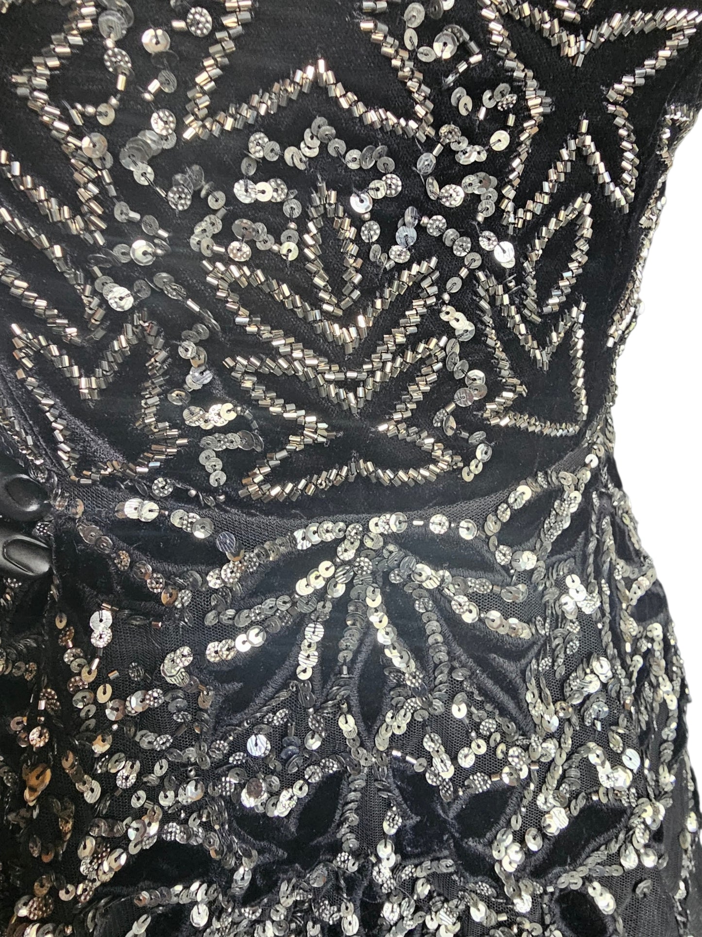 Black Velvet Off Shoulder Leaf Patter Sequin Fit/Flare Full Length Formal Gown - Adrianna Papell