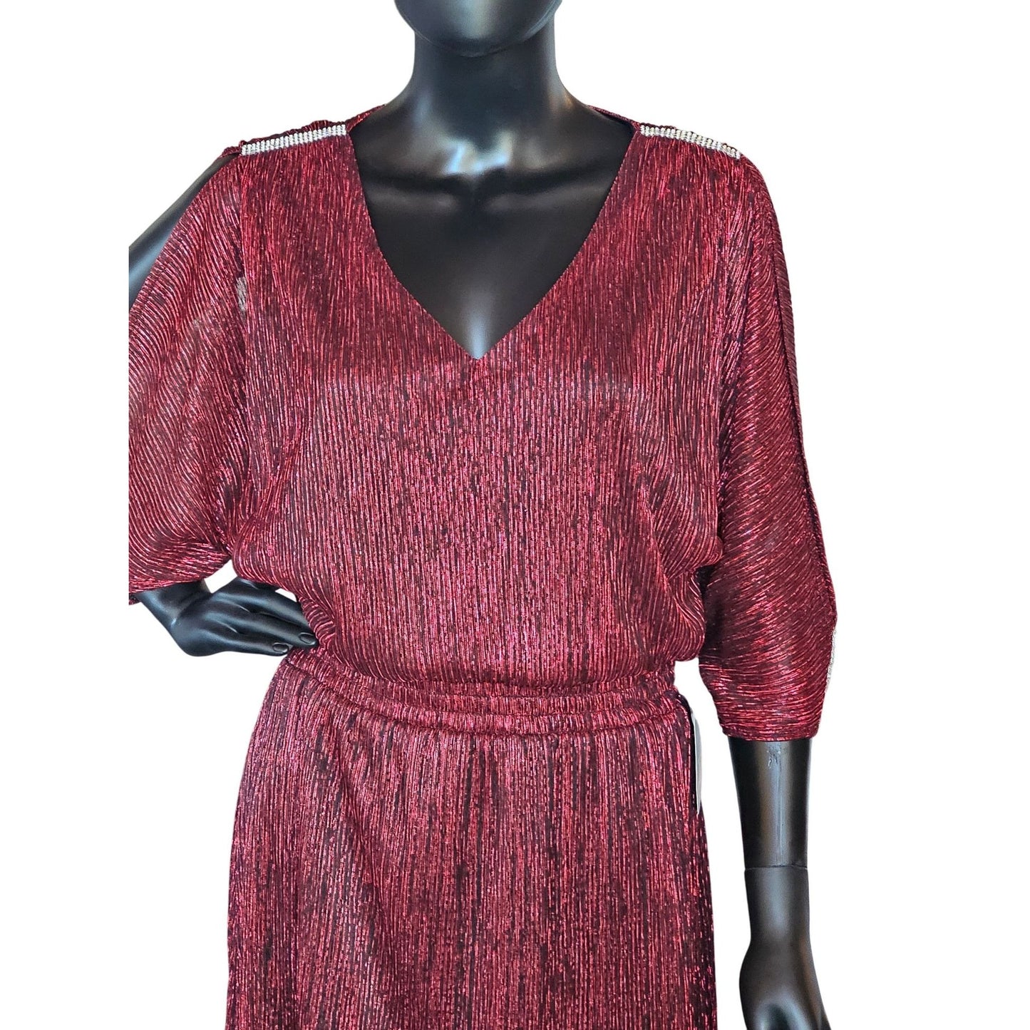 Red Shimmer Peekaboo Sleeve Party Dress